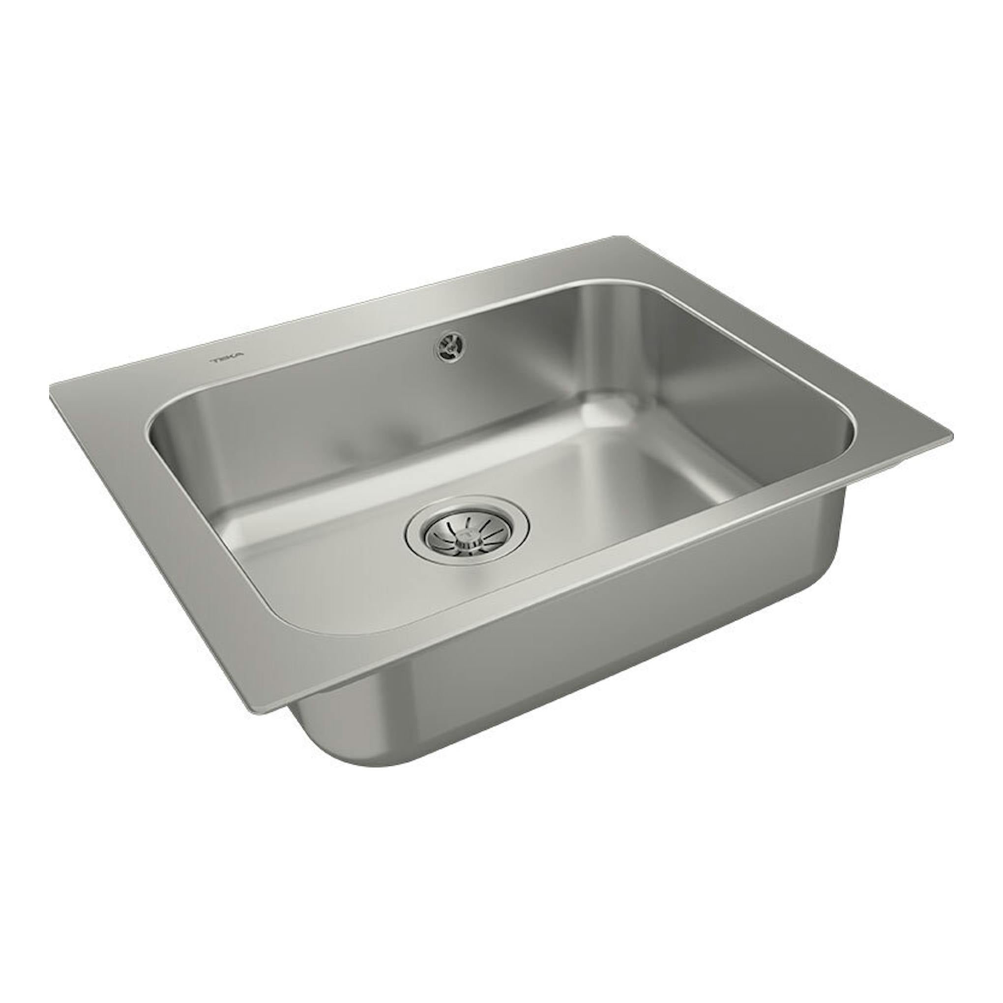 Fregadero Teka Universe 60TXP 1C Max de acero inoxidable, vista en ángulo, con cubeta única y desagüe.