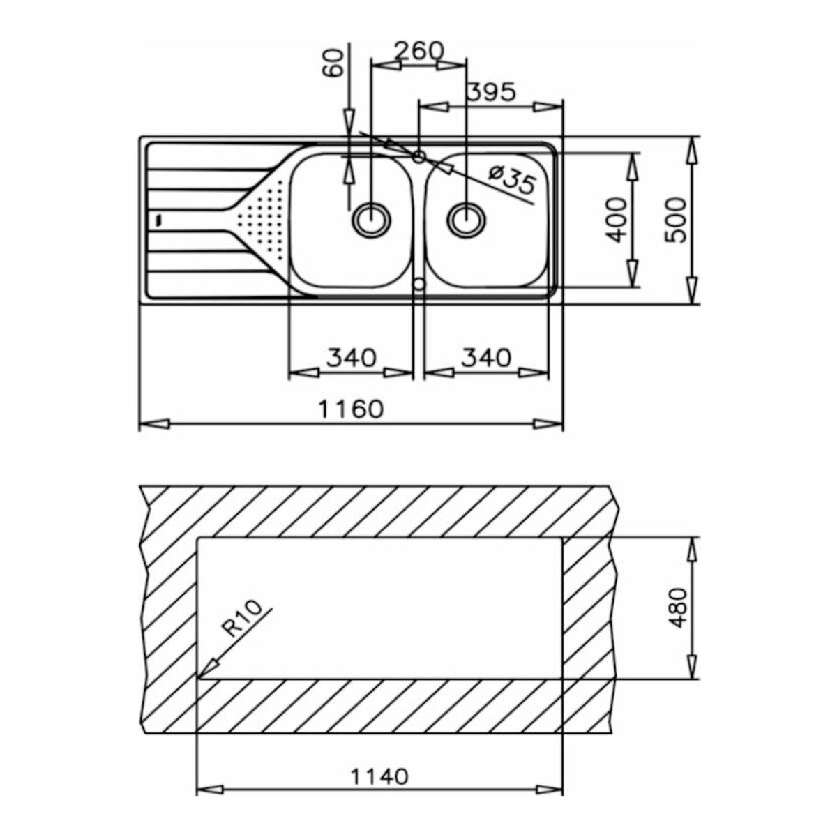 Plano técnico del fregadero Teka Universe 80 T-XP 2C 1E, vista superior y sección, doble seno con escurridor.