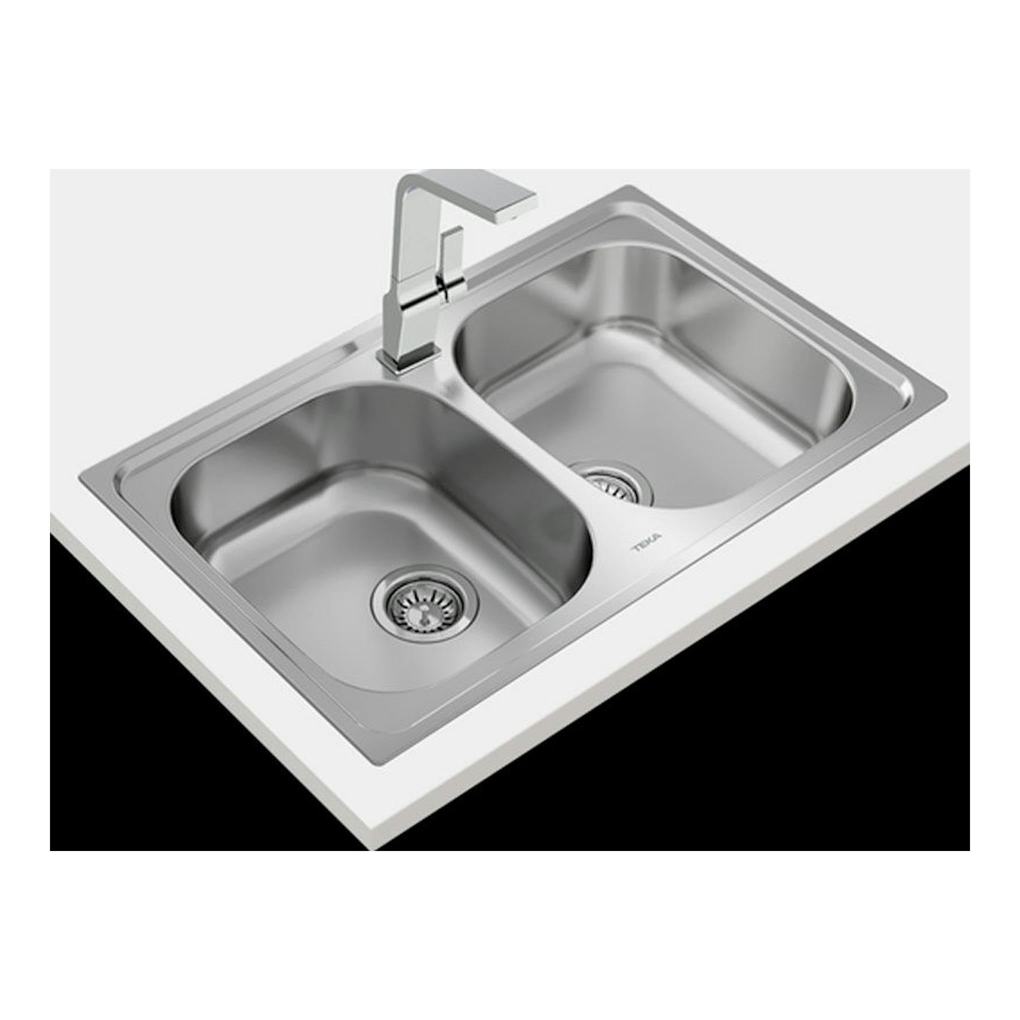 Fregadero Teka Universe 80 T-XP 2C de acero inoxidable, vista oblicua, doble cubeta con grifo.