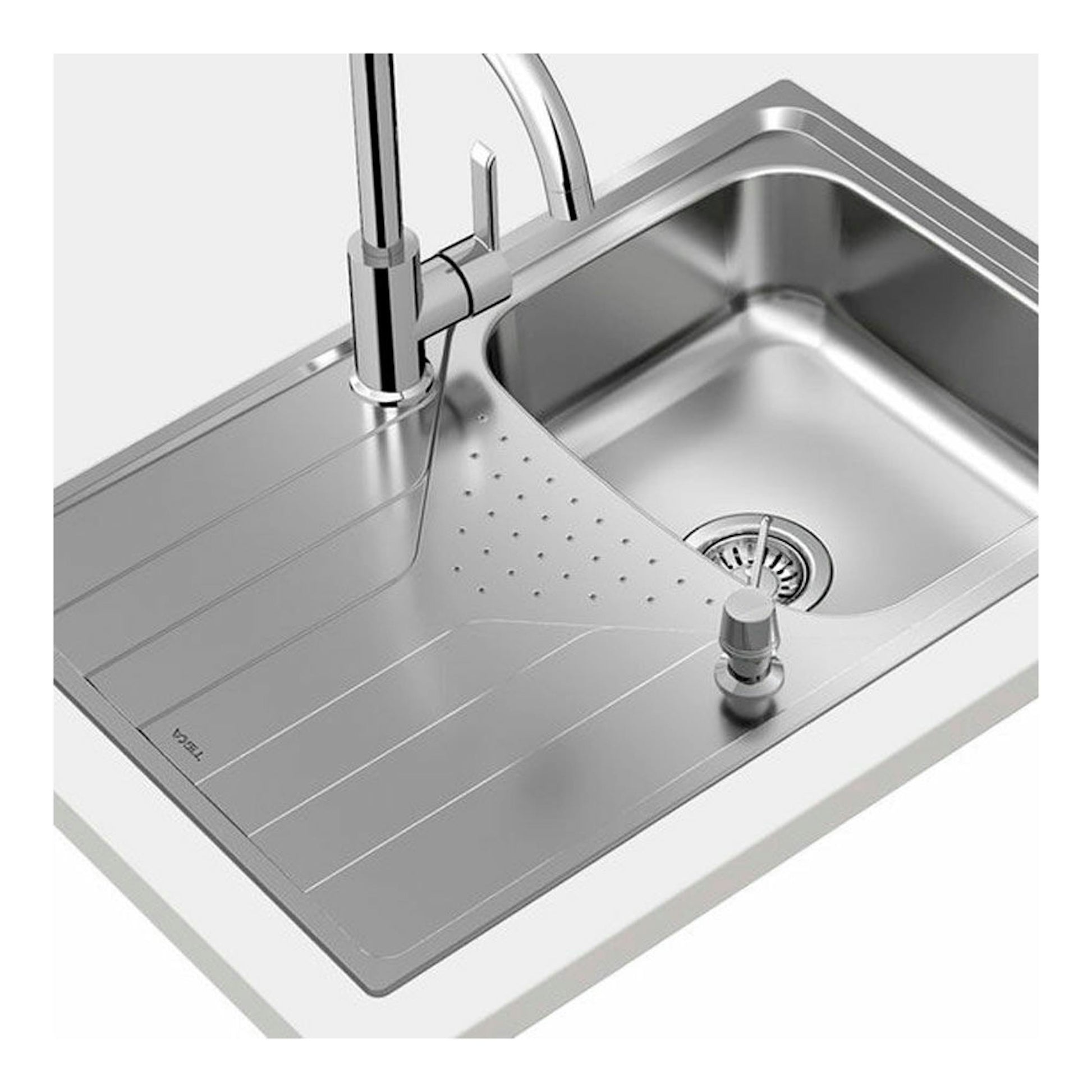 Fregadero TekaWay Universe 45 T-XP 1C 1E con grifo cromado, vista en ángulo, acero inoxidable.