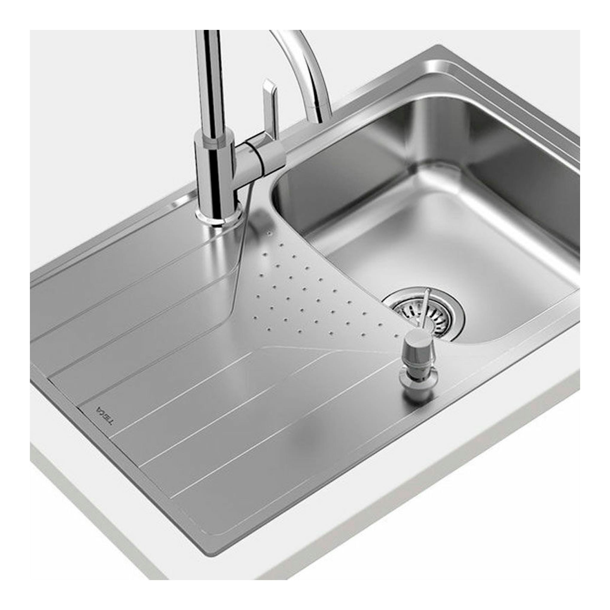 Fregadero TekaWay Universe 45 T-XP 1C 1E con grifo cromado, vista en ángulo, acero inoxidable.