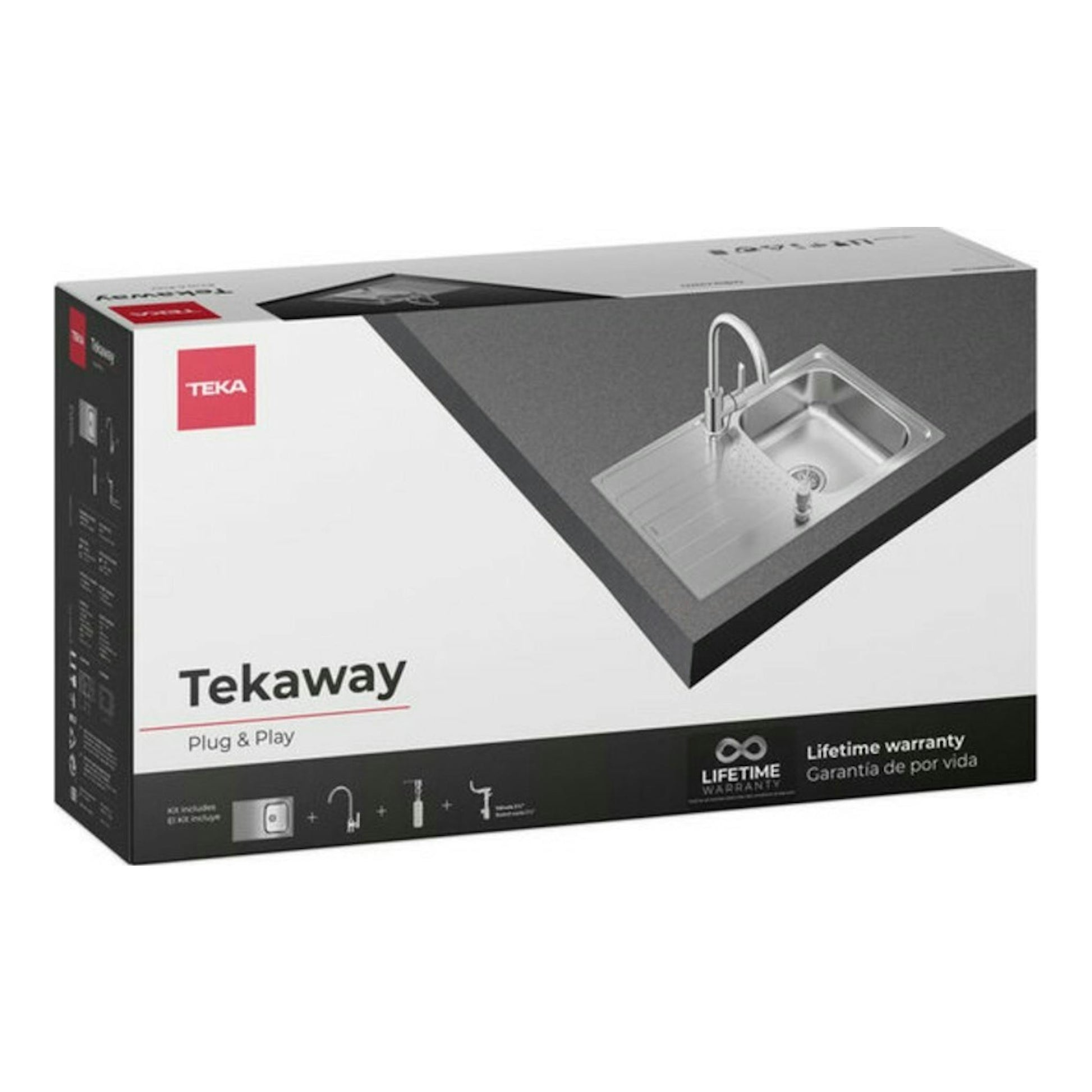 Caja de Teka Tekaway Plug & Play con imagen de fregadero y grifo, vista frontal en blanco y negro.