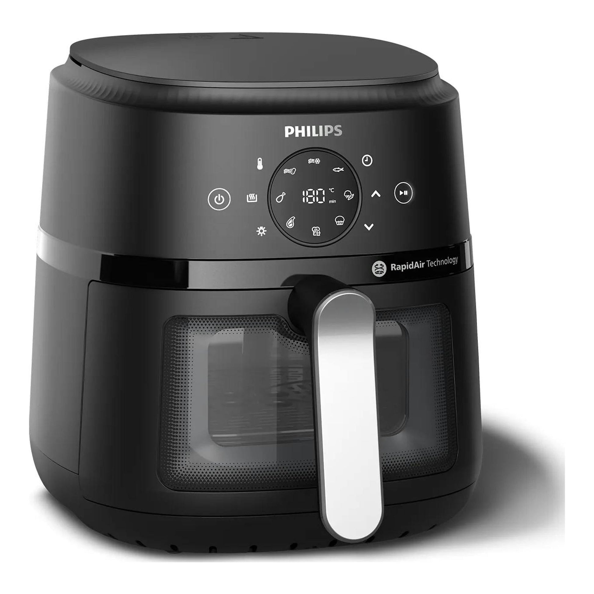 Freidora de aire Philips NA221/00 negra, vista frontal, con ventana y panel digital.