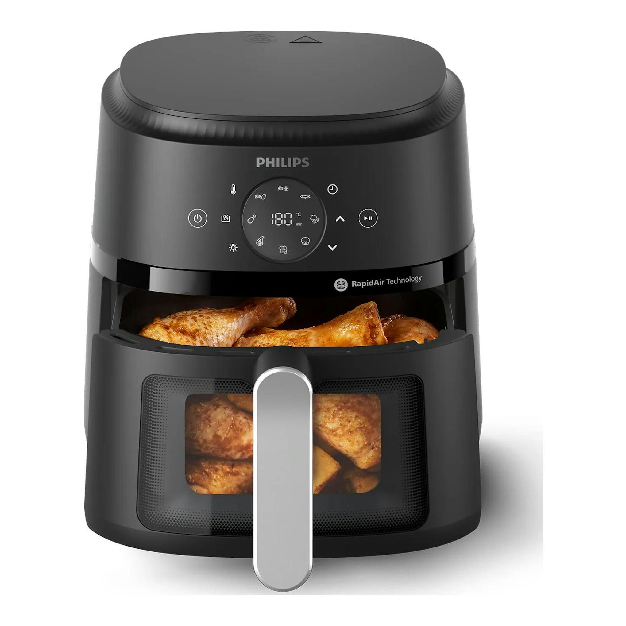 Freidora de aire Philips NA221/00 negra, vista frontal, con ventana y cesta abierta con pollo.
