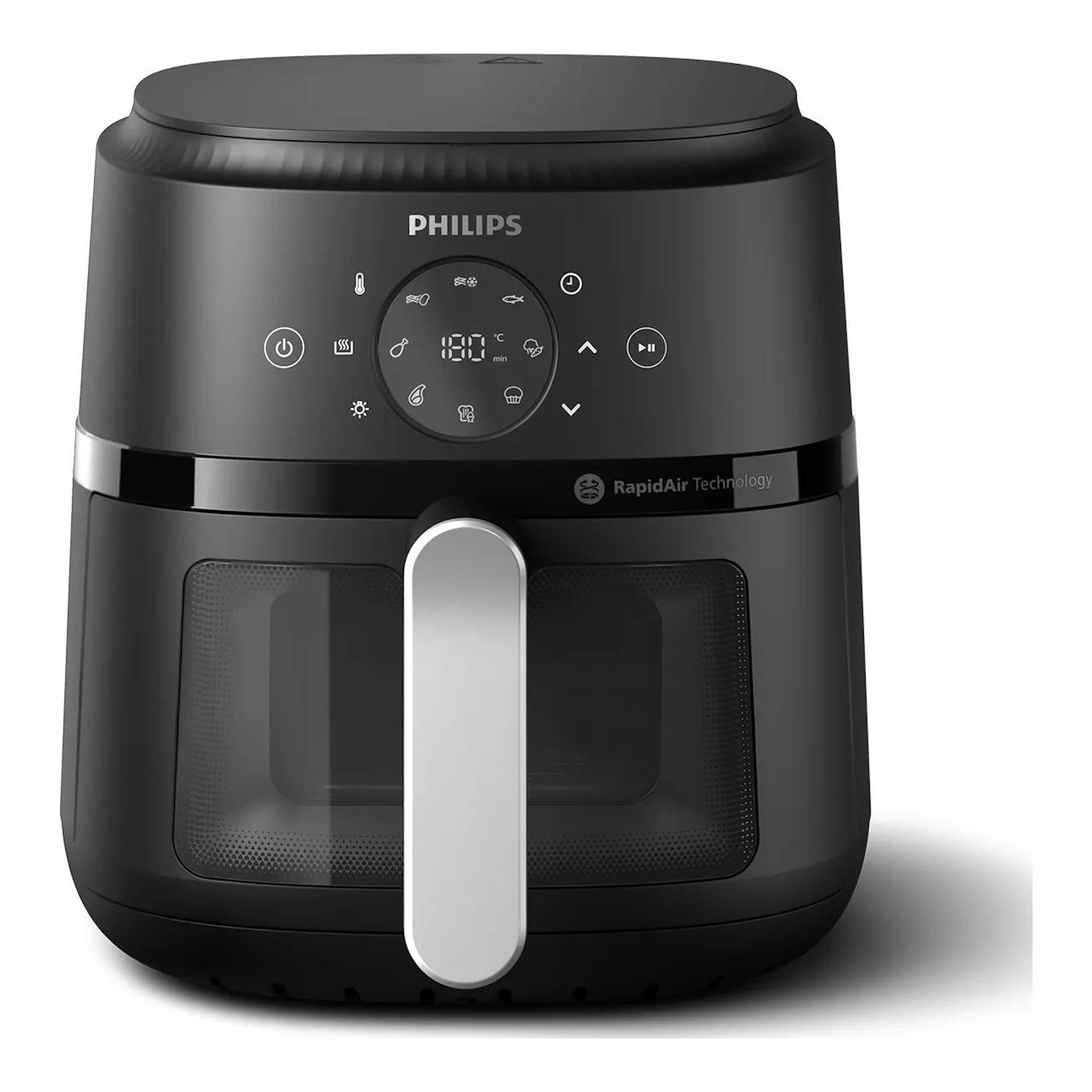 Freidora de aire Philips NA221/00 negra, vista frontal, con ventana y panel digital.