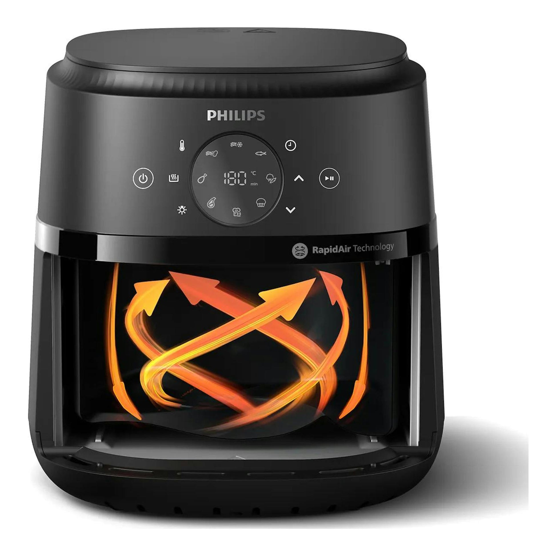 Freidora de aire Philips NA221/00 negra, vista frontal, con panel digital y ventana en la cesta.