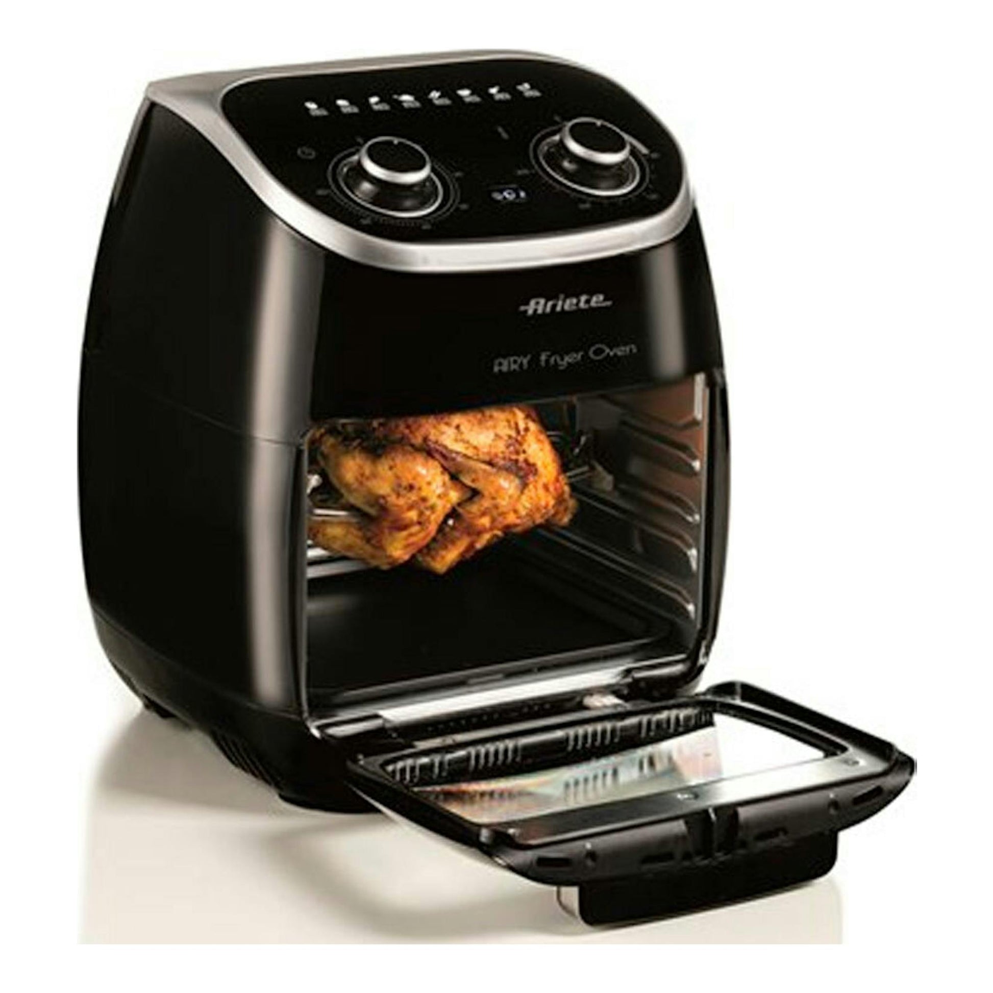 Freidora de aire Ariete Airy Fryer Oven negra, vista frontal abierta con pollo en el interior.