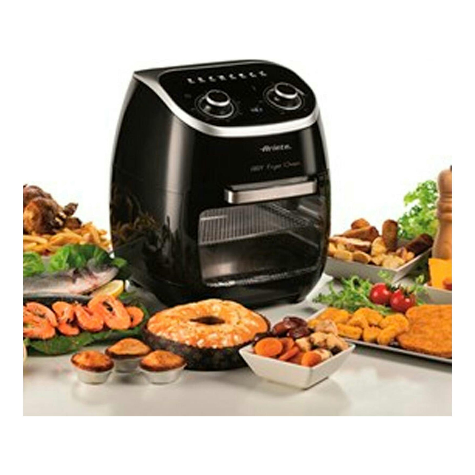 Freidora de aire y horno Ariete 4619 negra, vista frontal, con bandeja y alimentos alrededor.