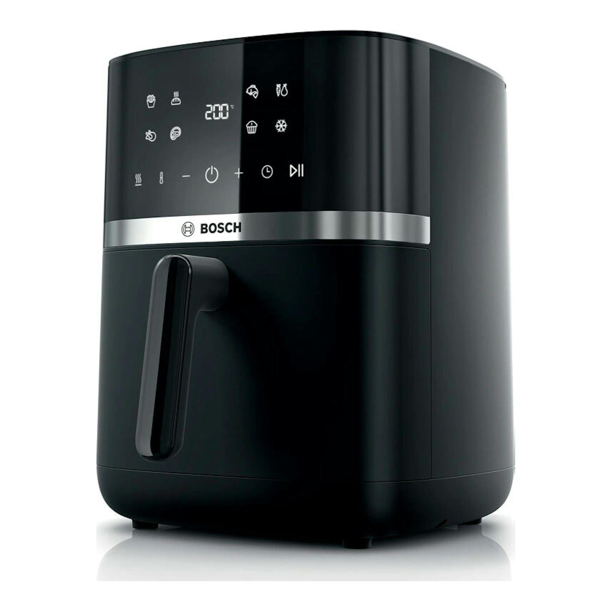 Freidora de aire Bosch MAF462B0 negra, vista frontal en tres cuartos, con panel táctil digital.