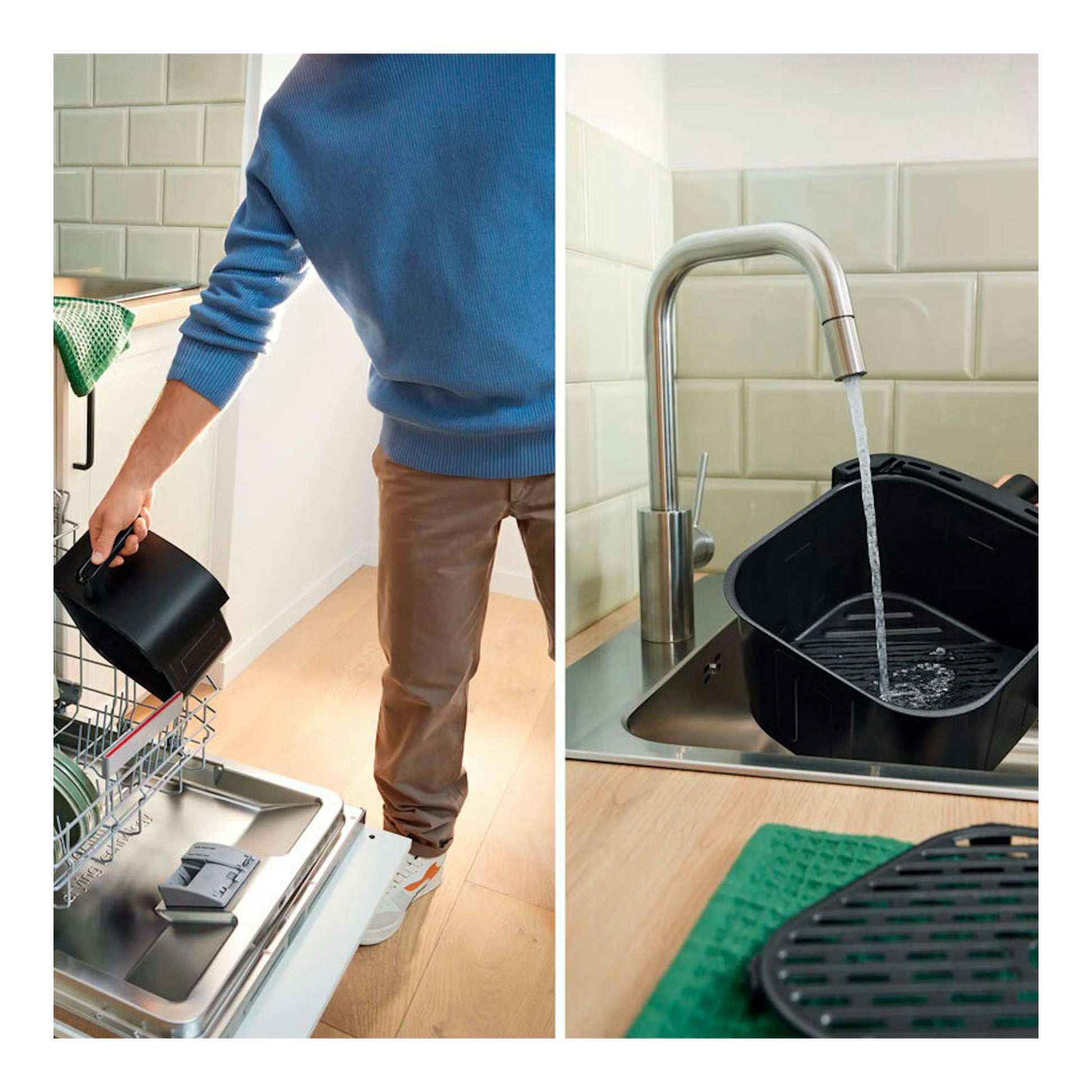 Freidora de aire Bosch MAF462B0 negra, con cesta extraíble, enjuagándose bajo el grifo en una cocina.