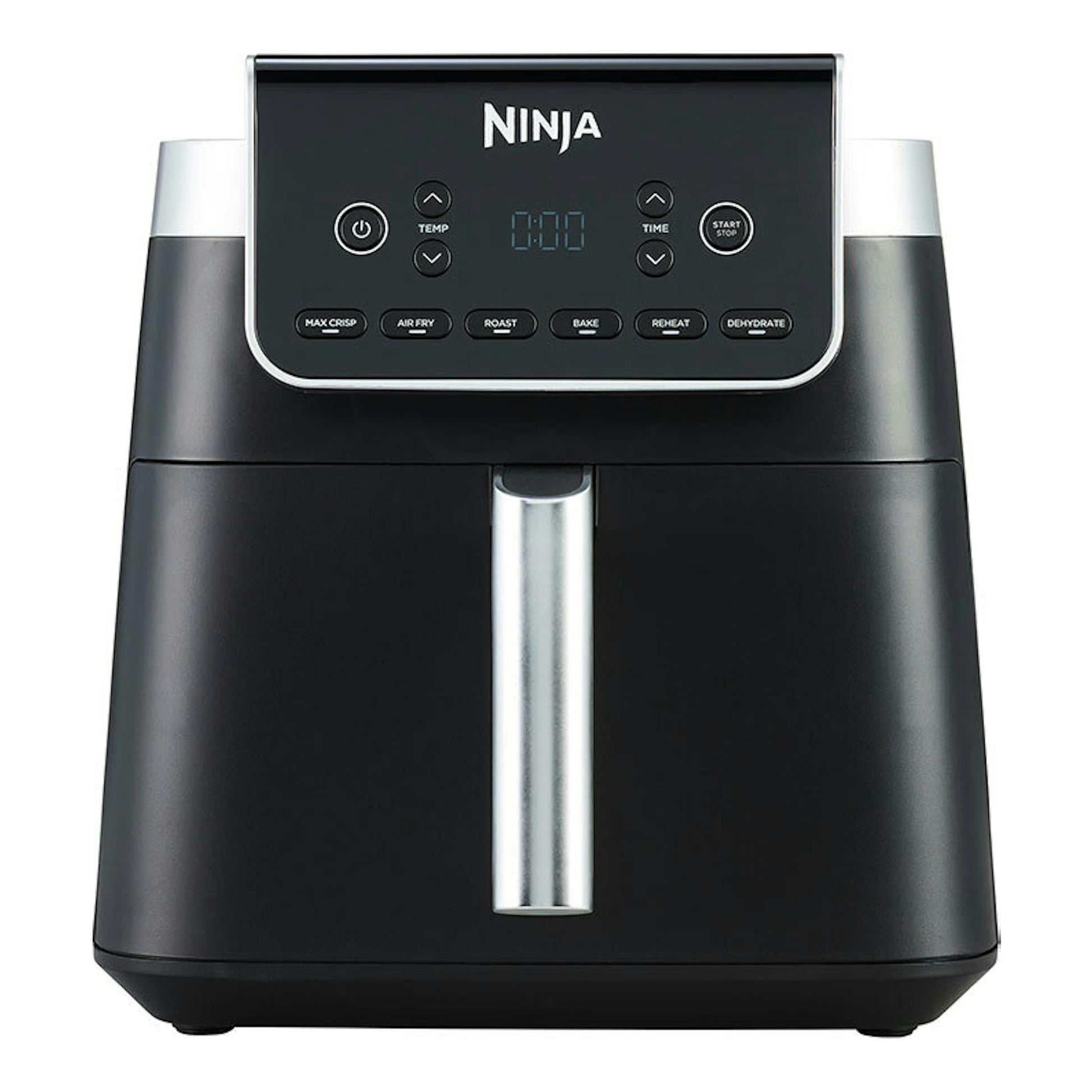 Freidora de aire Ninja AF180EU negra, vista frontal, con panel digital y detalles plateados.