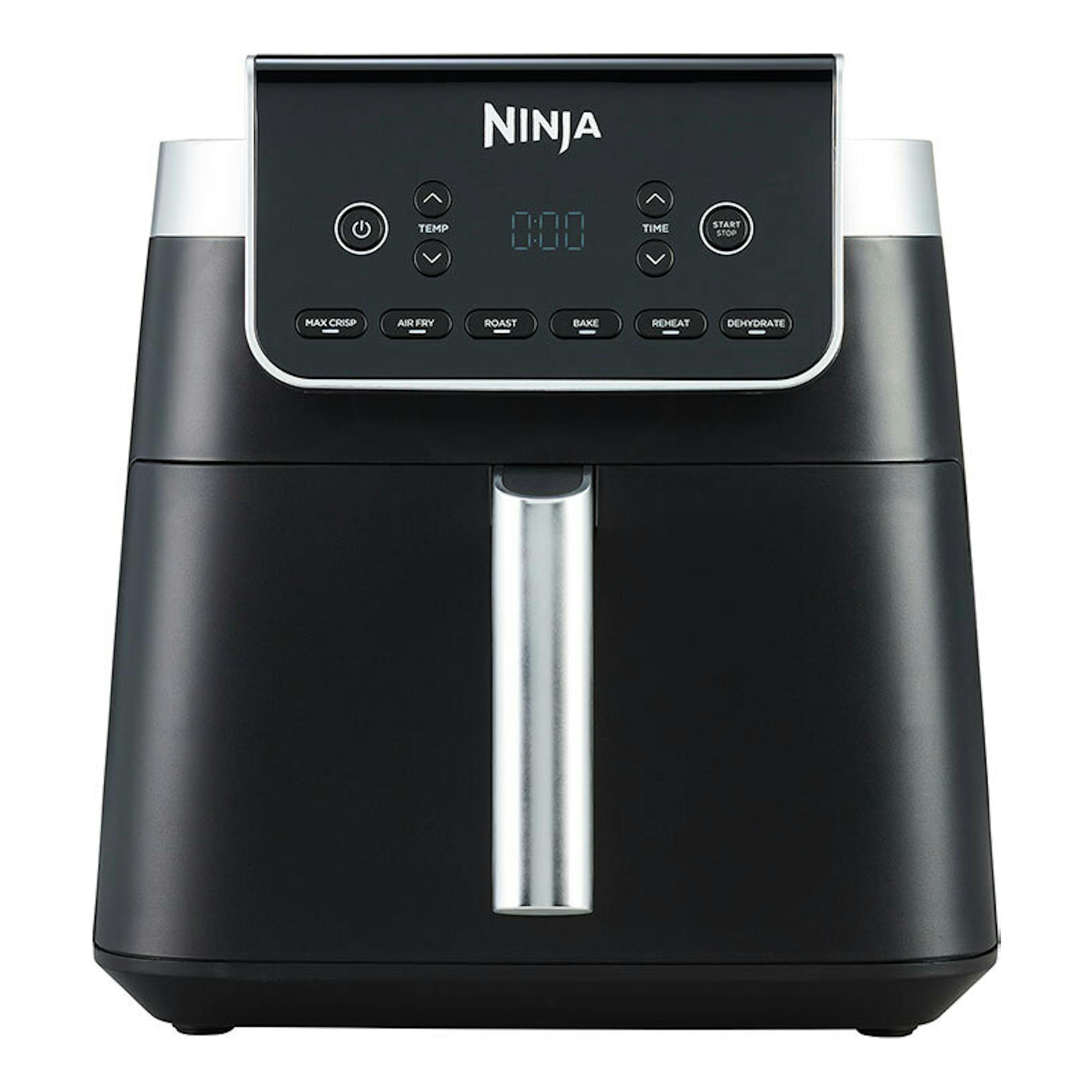 Freidora de aire Ninja AF180EU negra, vista frontal, con panel digital y detalles plateados.