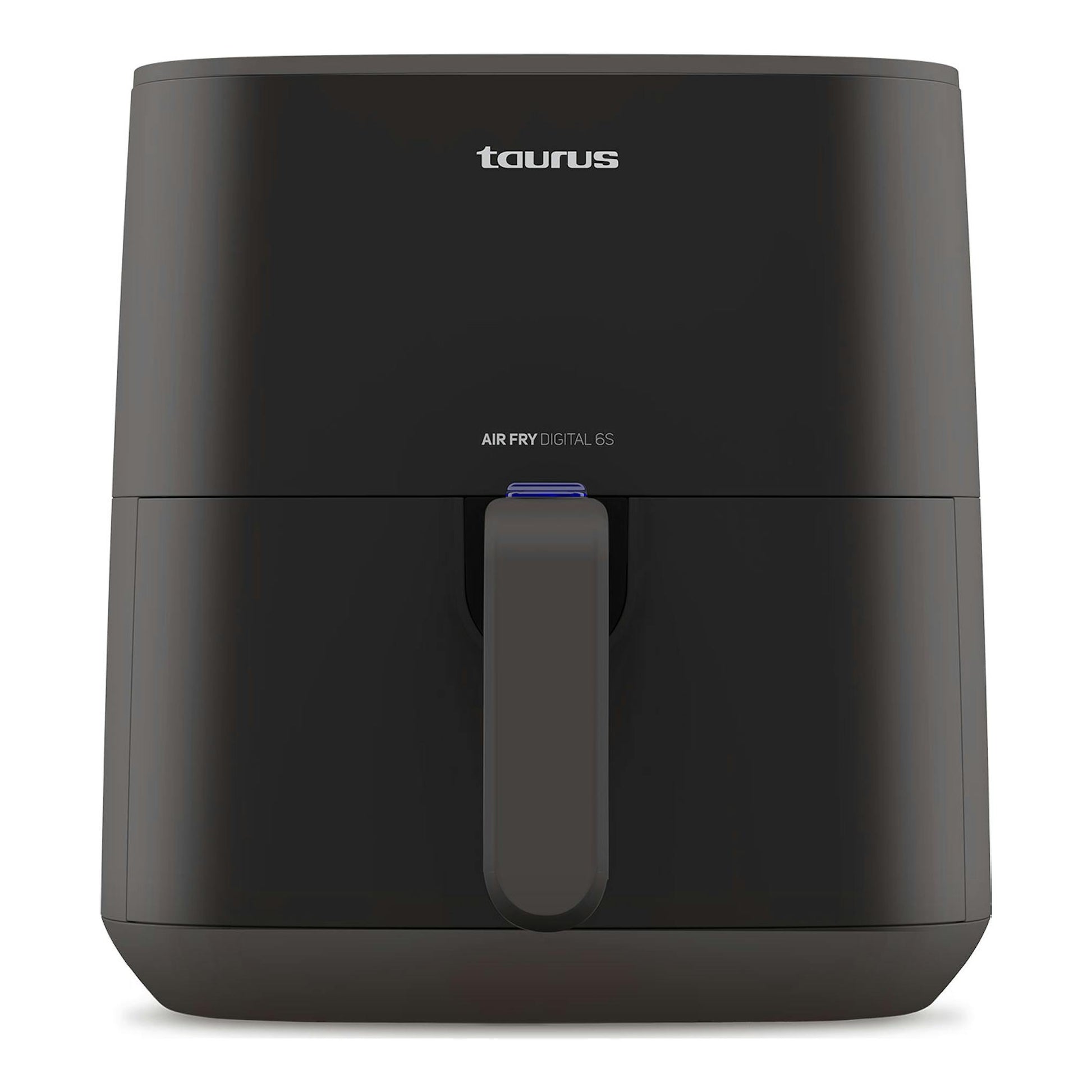 Freidora de aire Taurus Air Fry Digital 6S negra, vista frontal, con asa central.