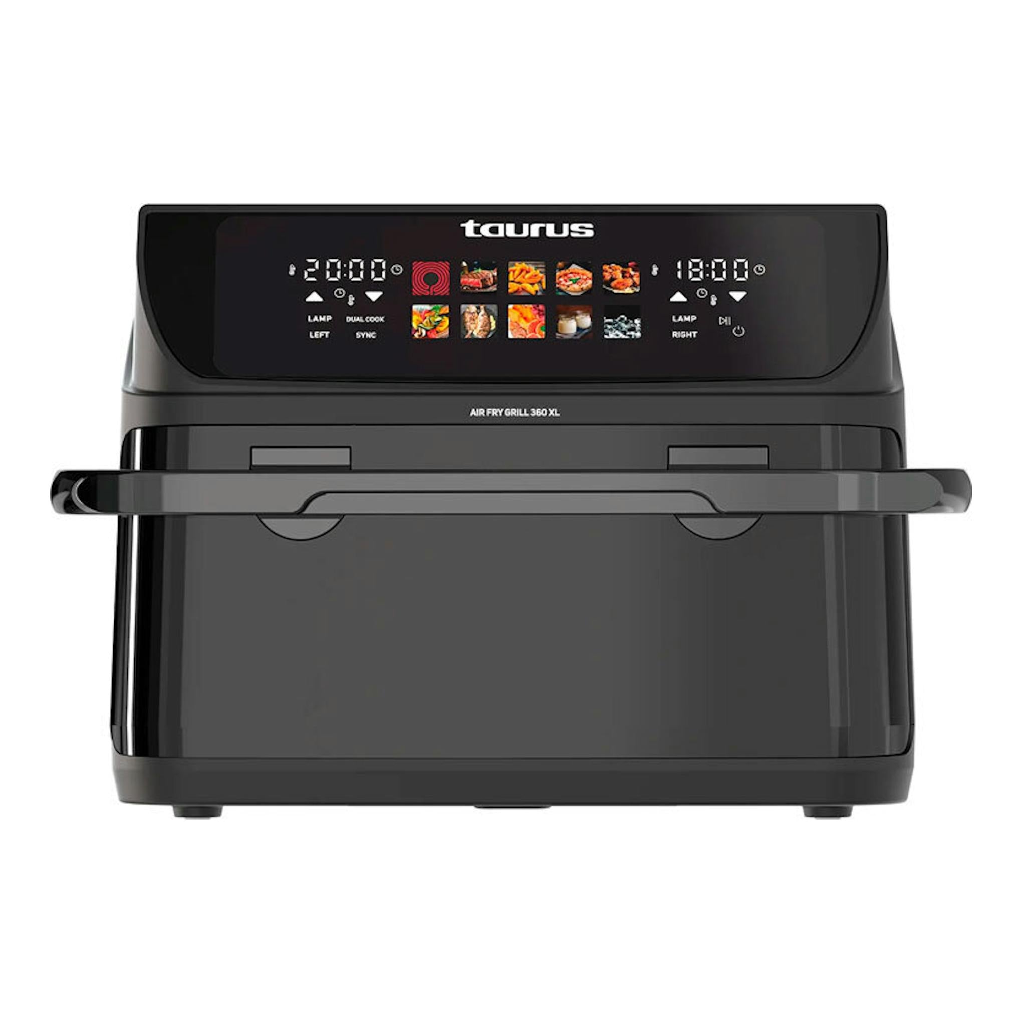 Freidora de aire Taurus Air Fry Grill 360 XL, vista frontal, negra, con panel digital táctil.