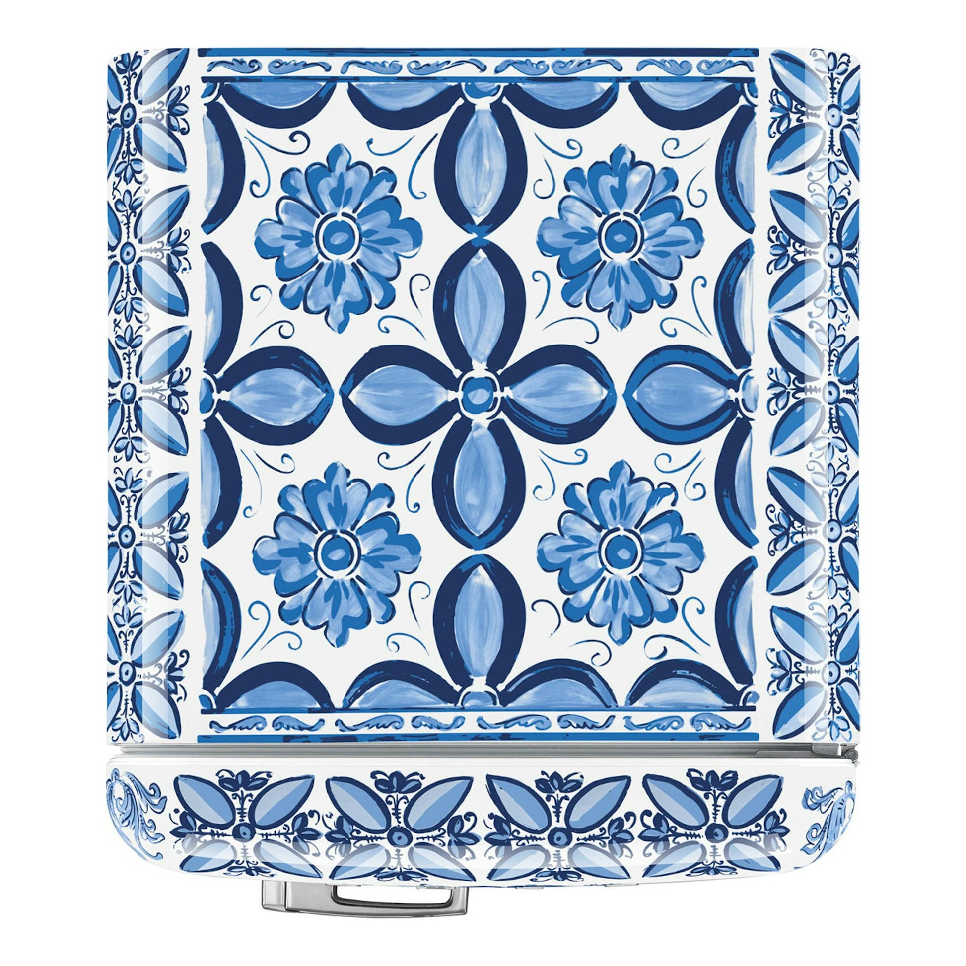 Frigorífico Smeg FAB28RDGME6, vista frontal, blanco con estampado azul Blu Mediterraneo.