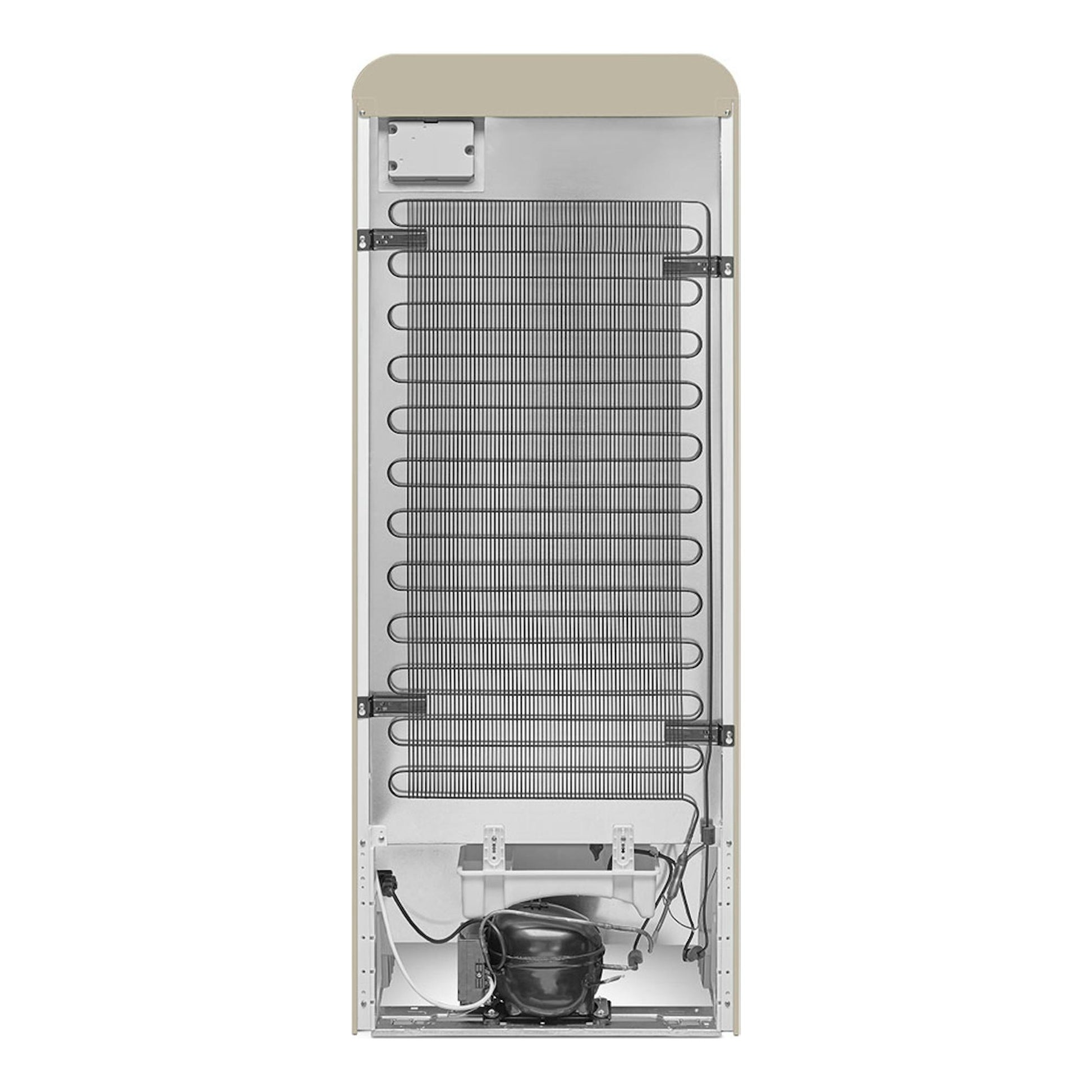 Parte trasera de un frigorífico Smeg FAB28RMLM6 Moonlight, beige, con rejilla y compresor visibles.