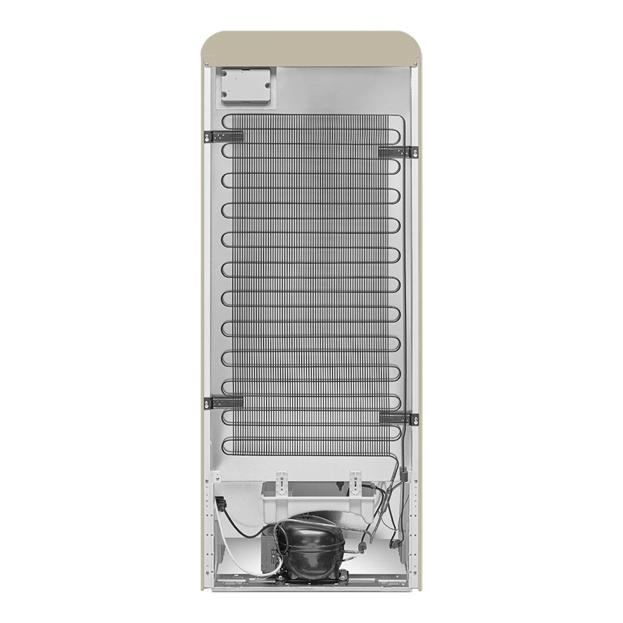 Parte trasera de un frigorífico Smeg FAB28RMLM6 Moonlight, beige, con rejilla y compresor visibles.