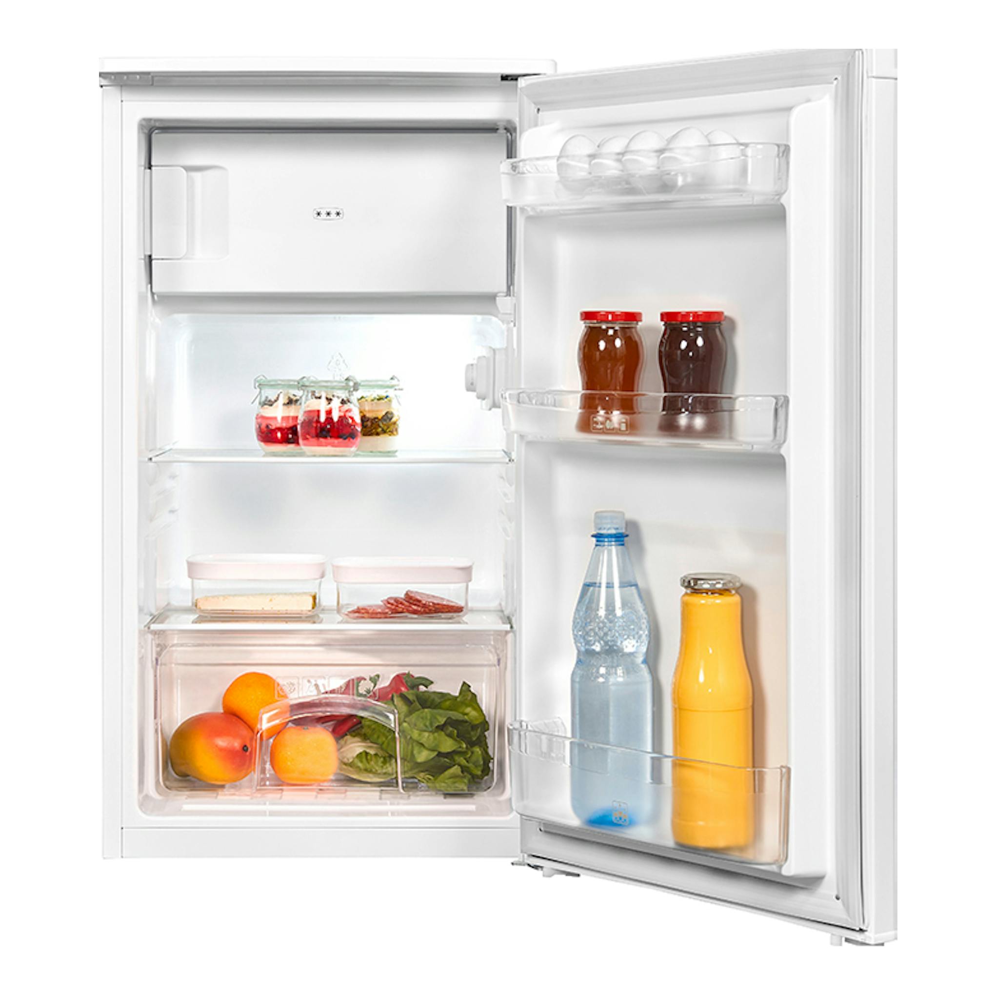 Frigorífico blanco Exquisit KS117-3-040D, vista frontal abierta, con estantes, botellas y fruta.