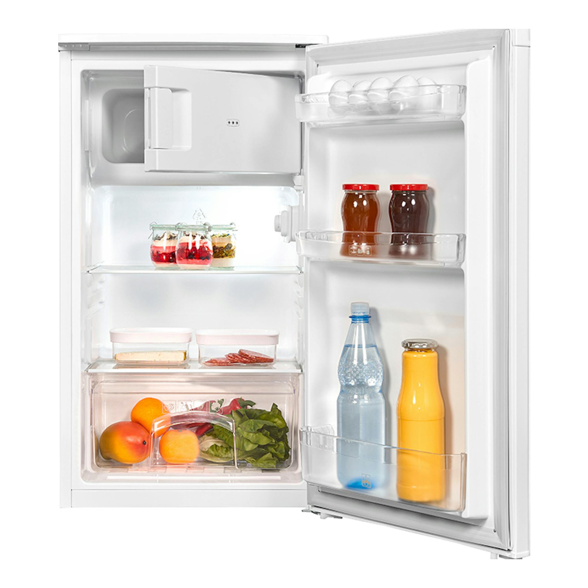 Frigorífico blanco Exquisit KS117-3-040D, de una puerta, abierto, con alimentos y botellas en el interior.