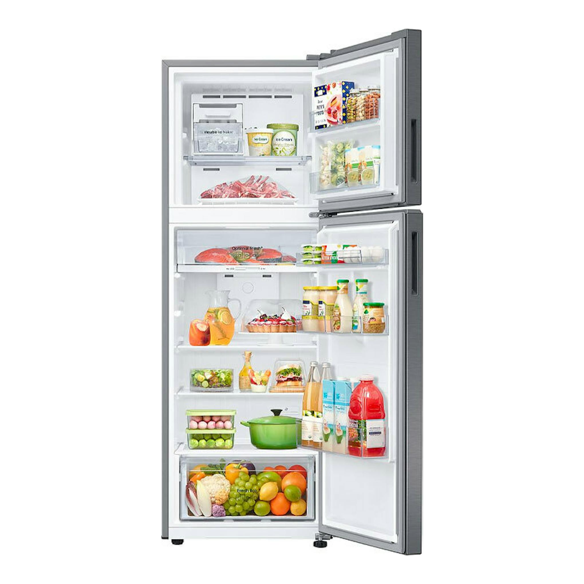 Frigorífico Samsung RT31CG5624S9ES inox, vista frontal con dos puertas abiertas y alimentos en el interior.