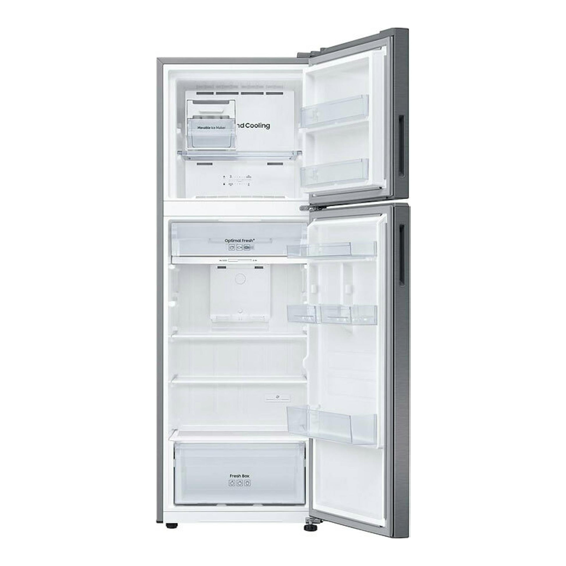 Frigorífico Samsung RT31CG5624S9ES inox de dos puertas, vista frontal con las puertas abiertas.