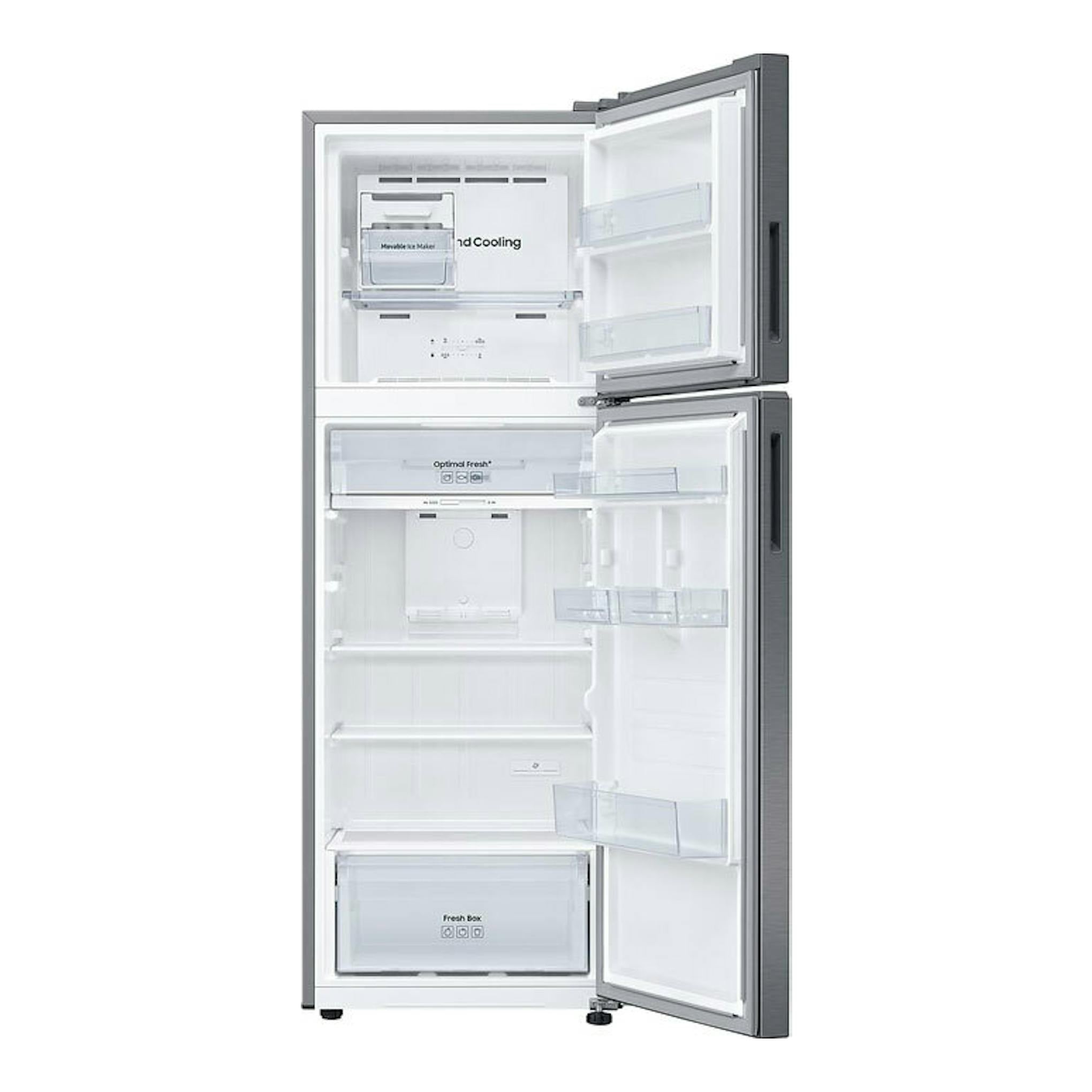 Frigorífico Samsung RT31CG5624S9ES inox de dos puertas, vista frontal con las puertas abiertas.