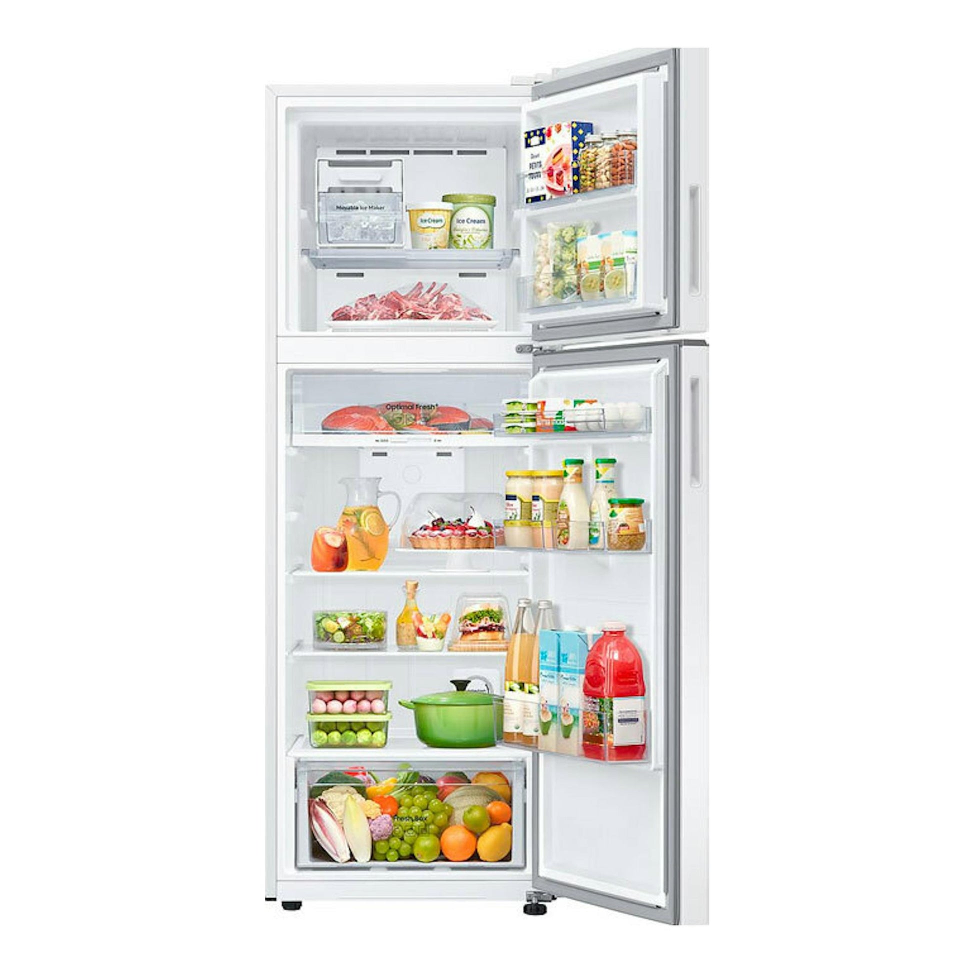 Frigorífico Samsung RT31CG5624WWES blanco, de 2 puertas abiertas, vista frontal con interior visible.