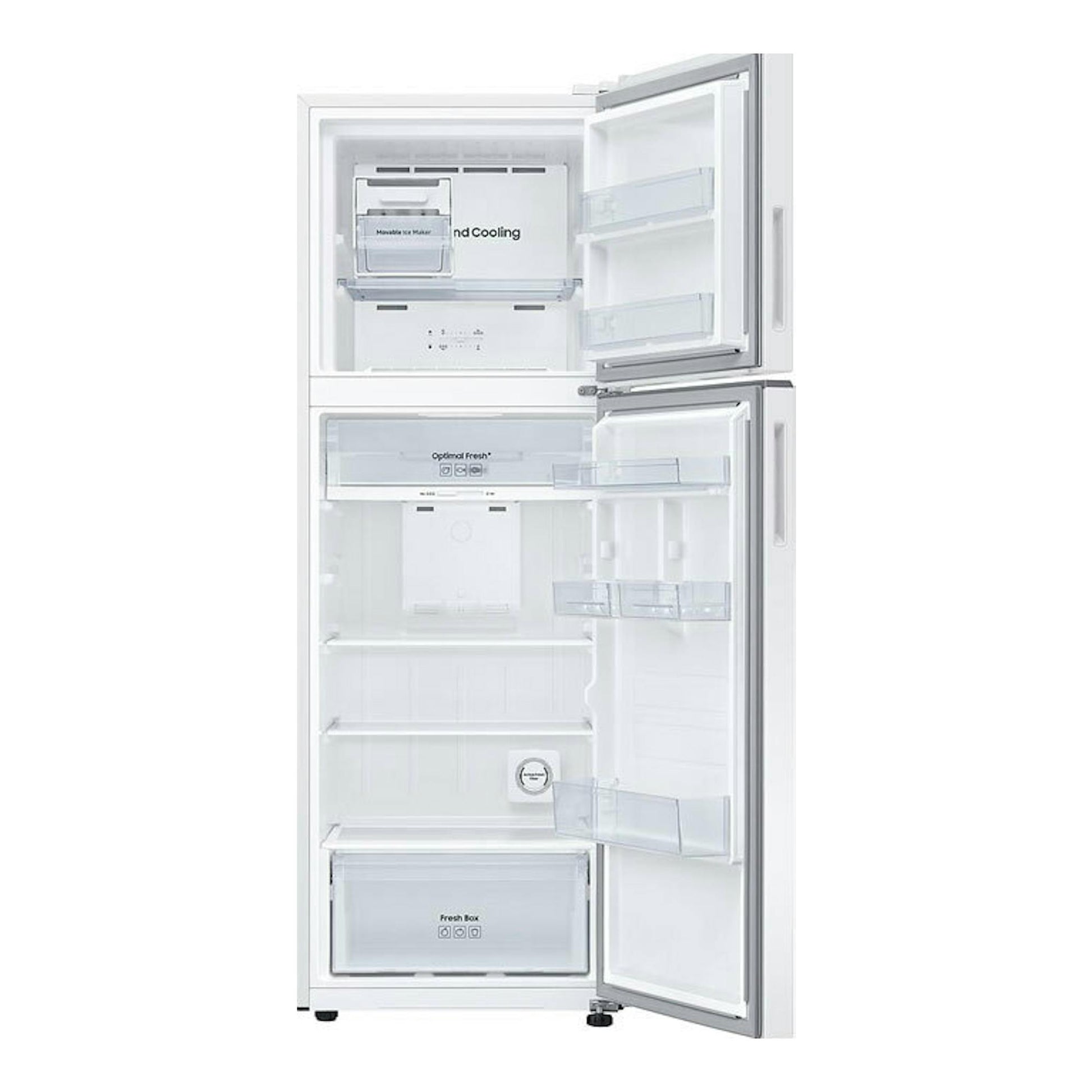 Frigorífico Samsung RT31CG5624WWES blanco, vista frontal con dos puertas abiertas e interior visible.