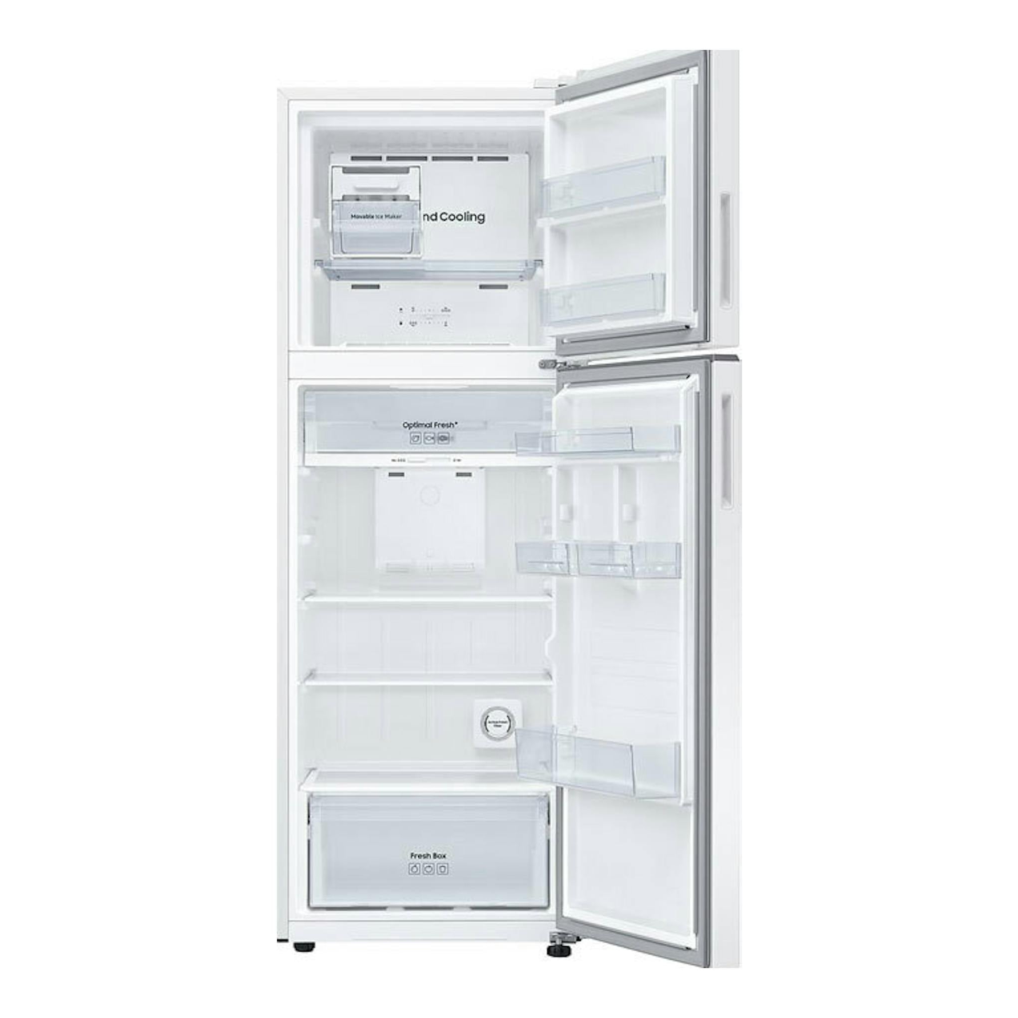 Frigorífico Samsung RT31CG5624WWES blanco, vista frontal con dos puertas abiertas e interior visible.