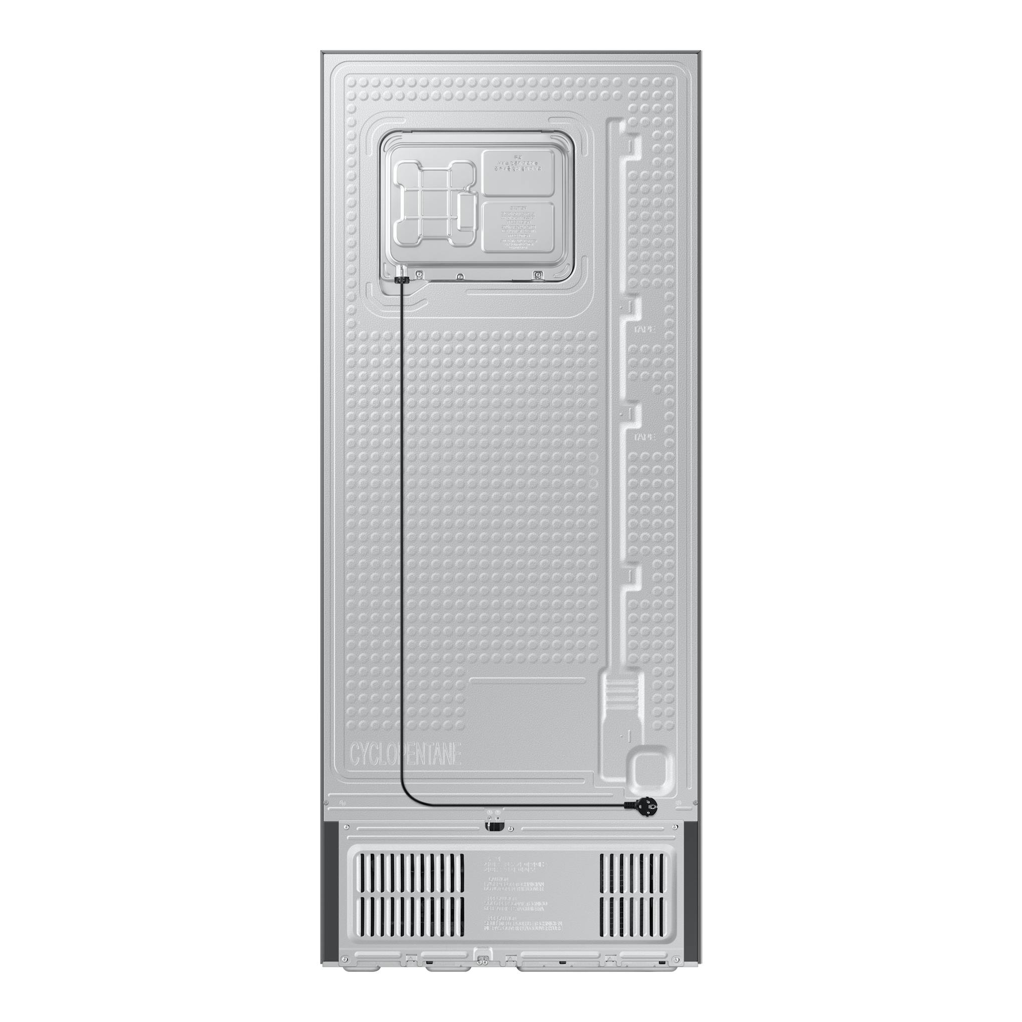 Samsung RT38CG6624S9ES, vista trasera de frigorífico gris inox con paneles y rejillas inferiores.
