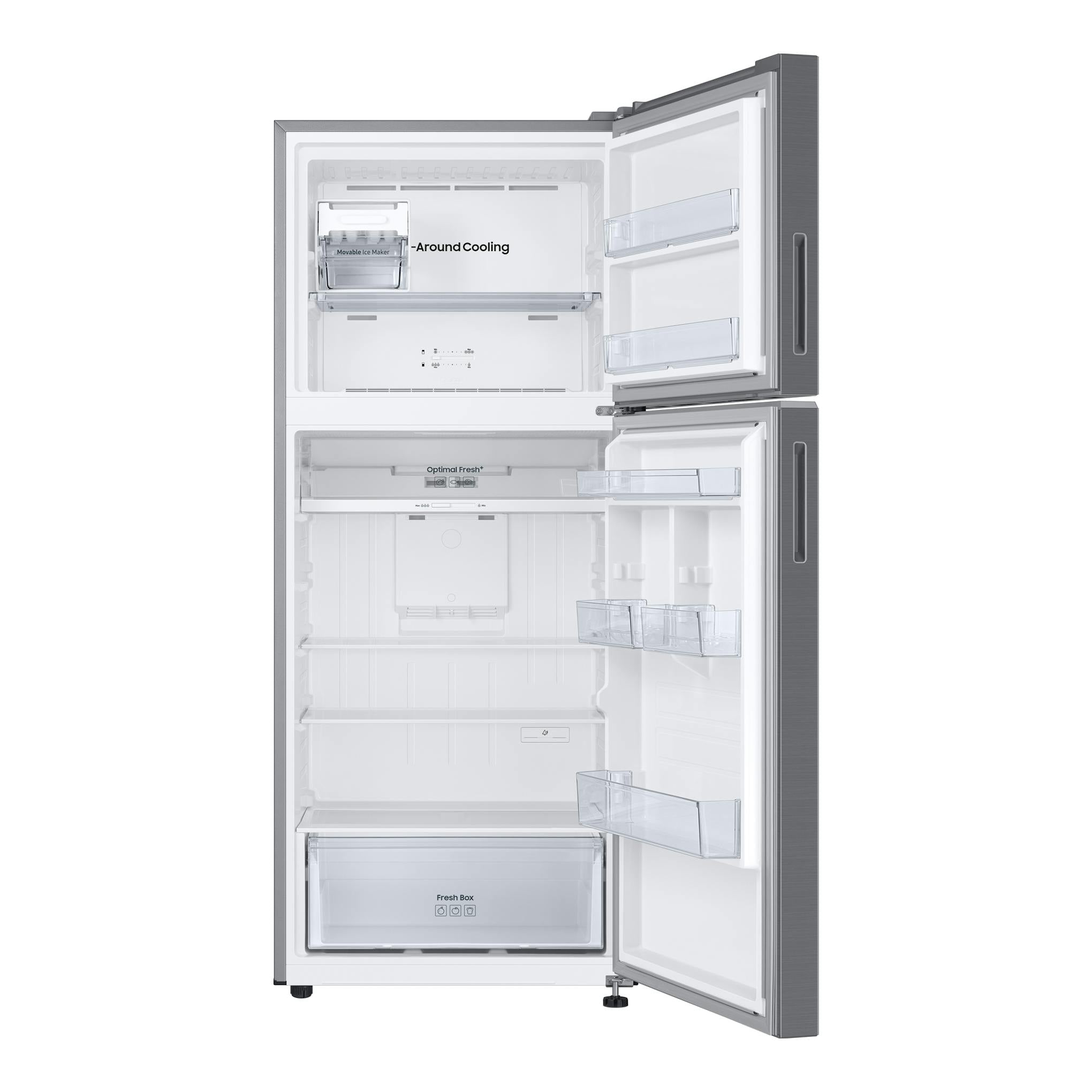 Frigorífico Samsung RT38CG6624S9ES en inox, vista frontal con las dos puertas abiertas y el interior visible.