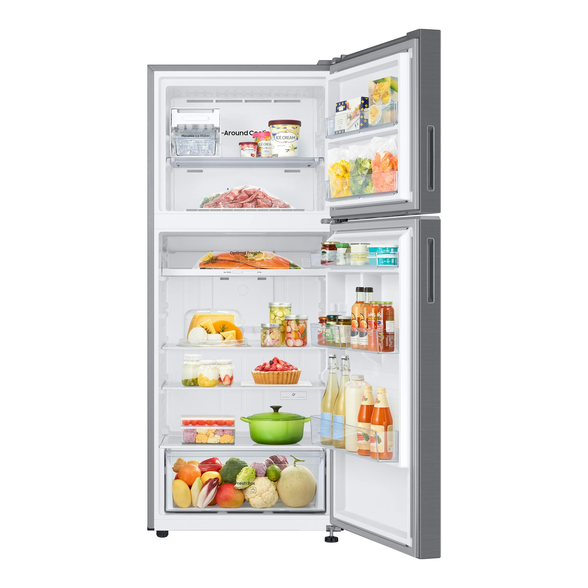 Frigorífico Samsung RT38CG6624S9ES de dos puertas, acabado inox, con puertas abiertas en vista frontal.