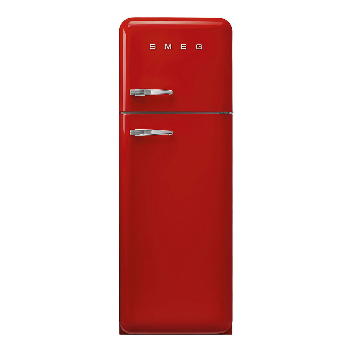 Frigorífico Smeg FAB30RRD6 rojo, vista frontal de dos puertas con tiradores cromados.