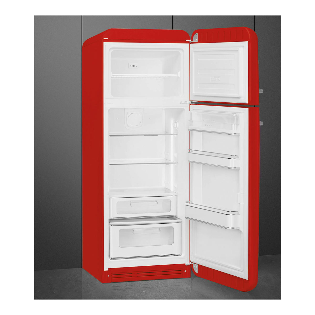 Frigorífico Smeg FAB30RRD6 rojo, de dos puertas, abierto en vista frontal, con interior blanco.