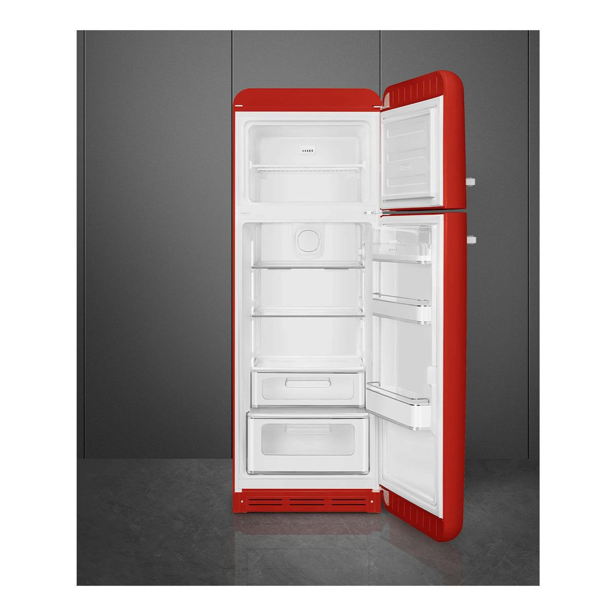 Frigorífico Smeg FAB30RRD6 rojo, vista frontal, con las dos puertas abiertas y el interior visible.