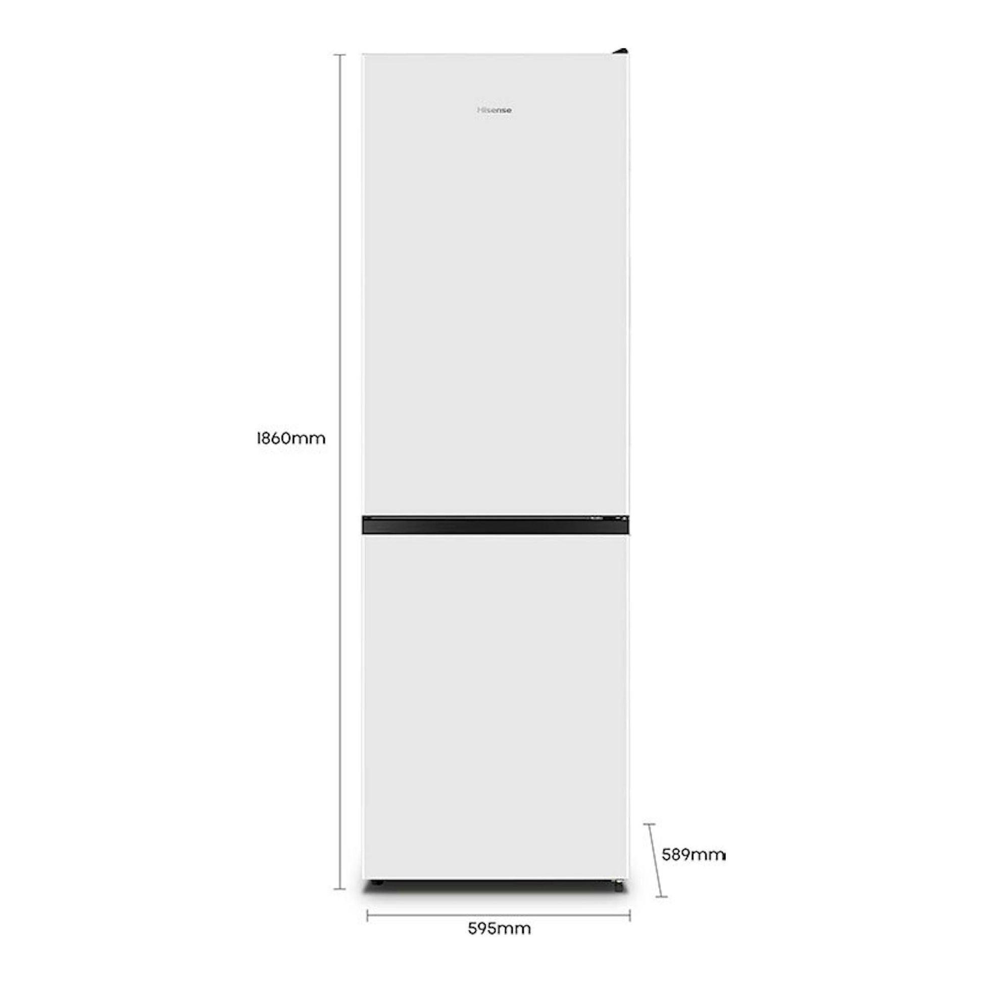 Frigorífico combi Hisense RB390N4AWE blanco, vista frontal, dos puertas y medidas 1860 x 595 x 589 mm.