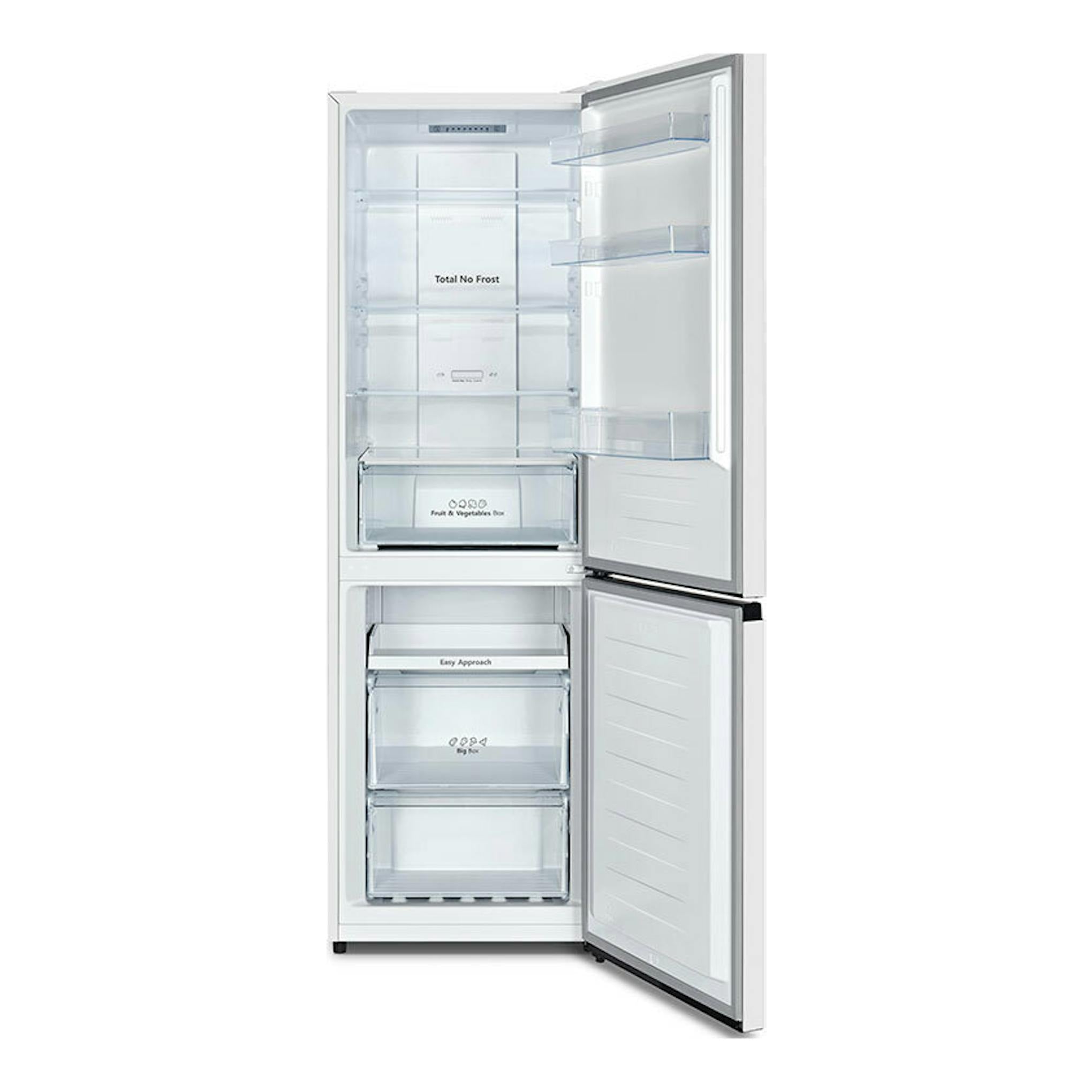 Frigorífico combi Hisense RB390N4AWE blanco, vista frontal con puertas abiertas y compartimentos interiores.