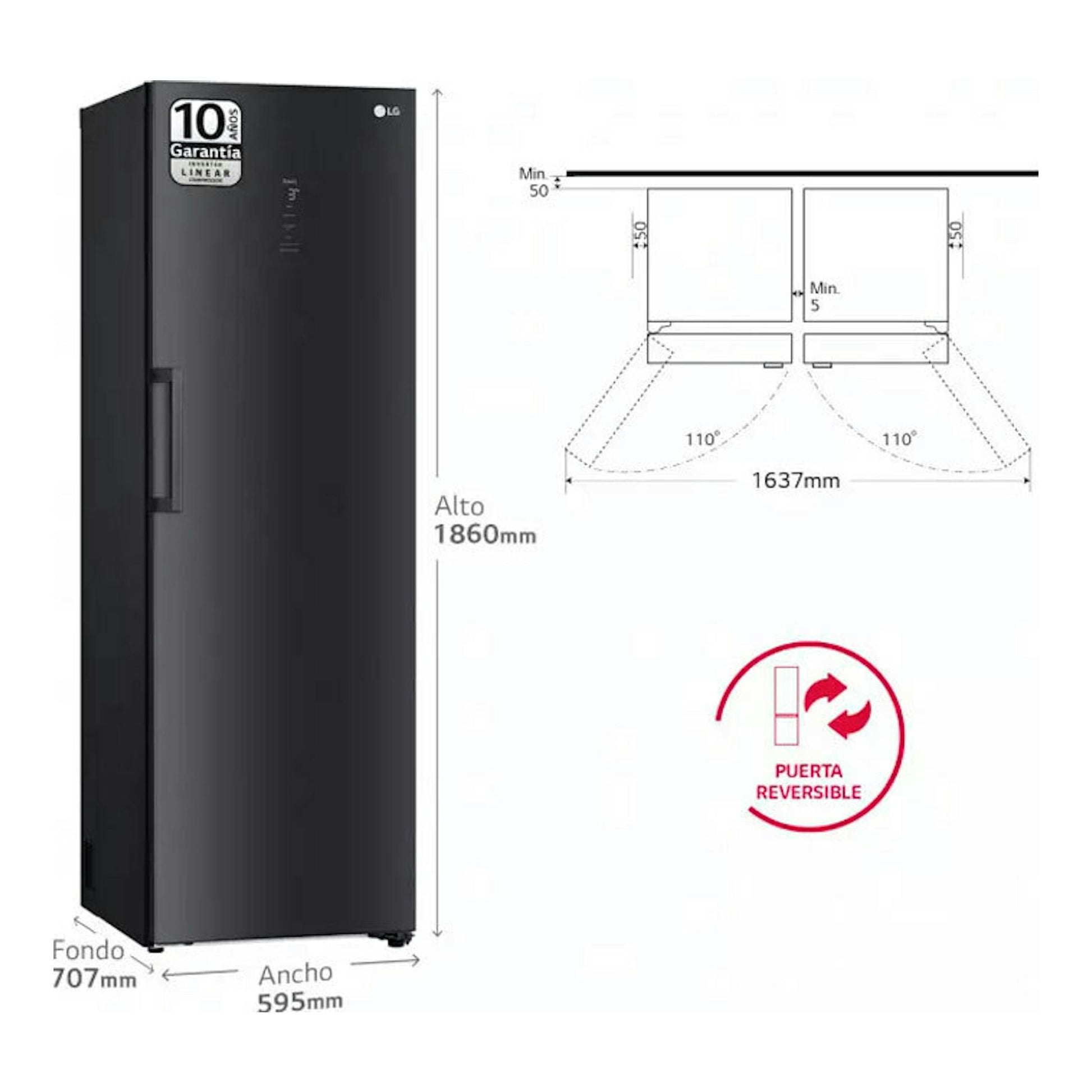 Frigorífico LG GLM71MCCSX de una puerta, negro grafito, vista frontal con medidas y puerta reversible.