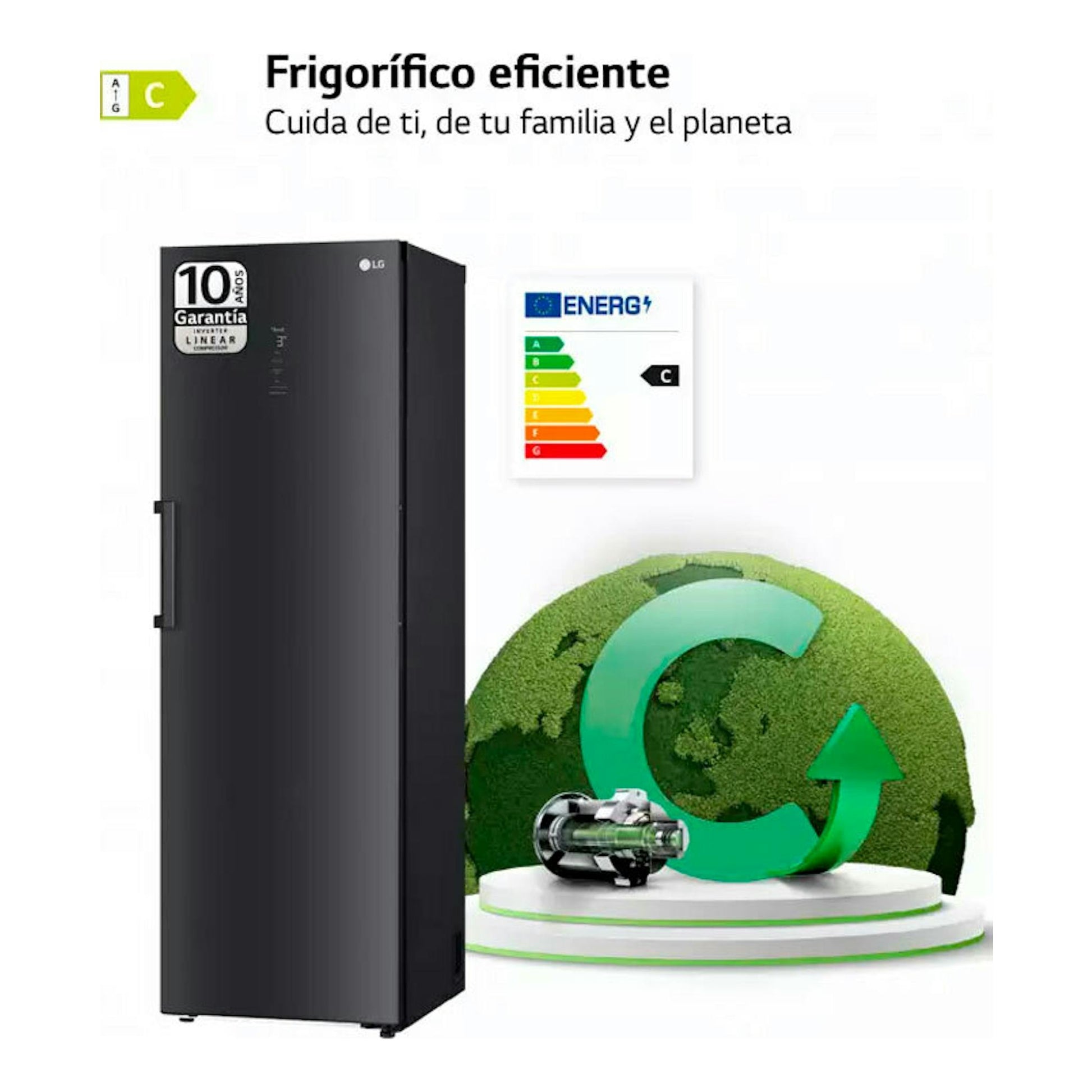Frigorífico LG GLM71MCCSX de una puerta, negro grisáceo, vista frontal en ángulo.