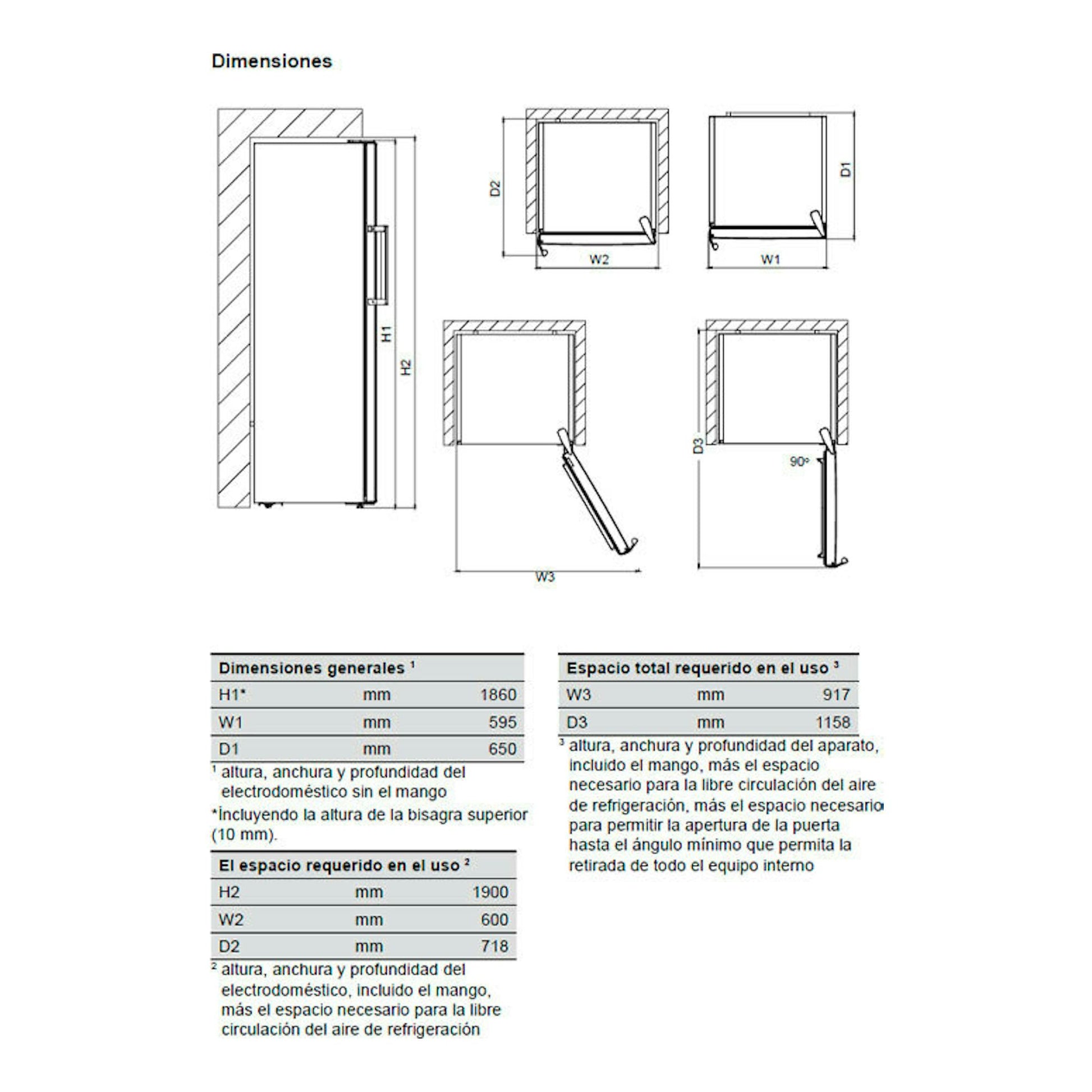AEG ORK7M391EX inox: esquema técnico de frigorífico de 1 puerta con vistas frontal y lateral y medidas.