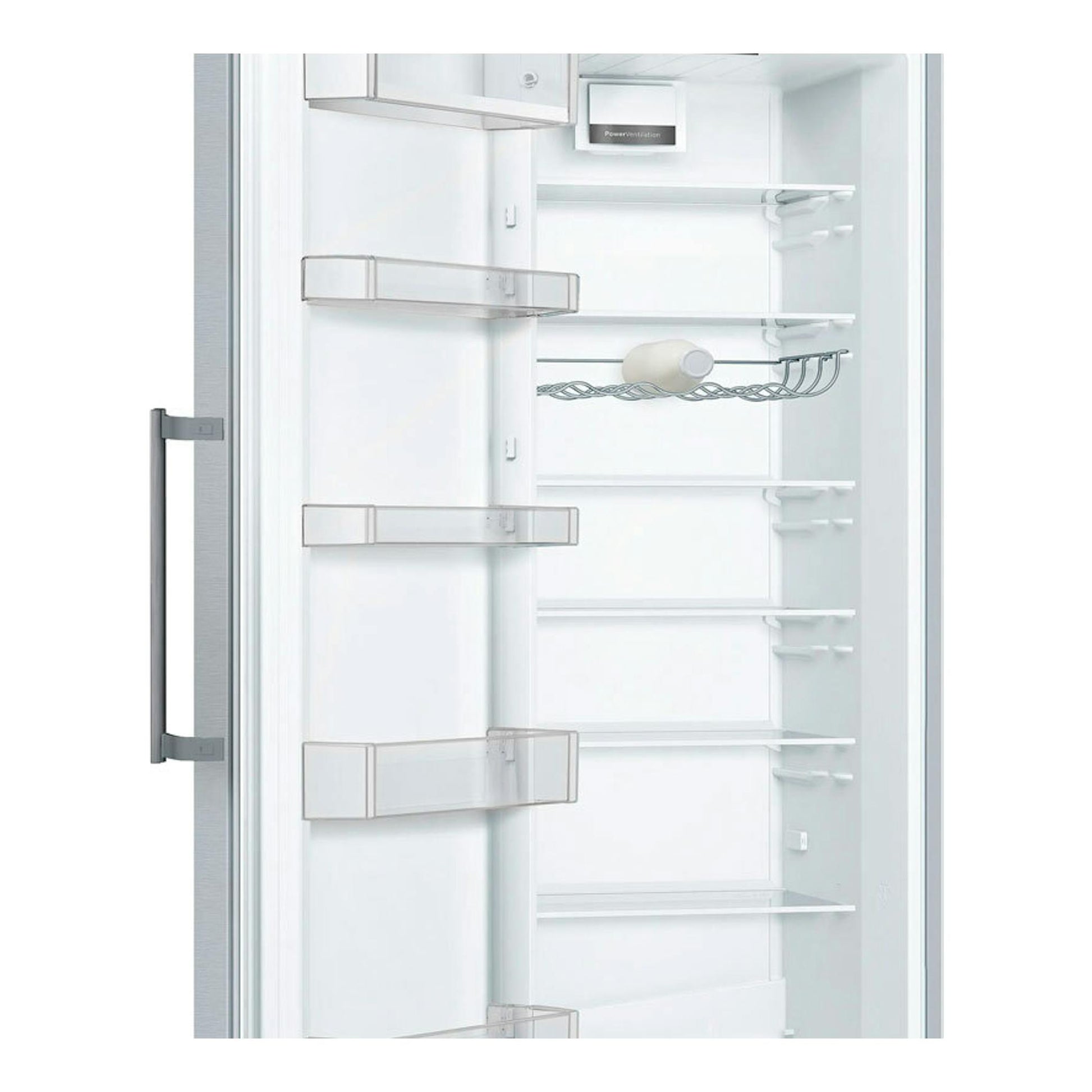 Vista frontal de un frigorífico Balay 3FCE553ME inox mate, puerta abierta, interior blanco con baldas y botellero.