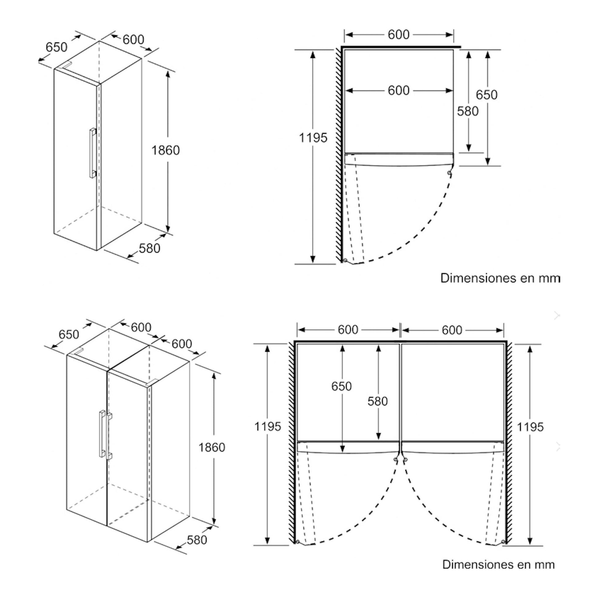 Esquema de dimensiones de un frigorífico Balay 3FCE553WE blanco, vista isométrica y frontal con apertura de puerta.
