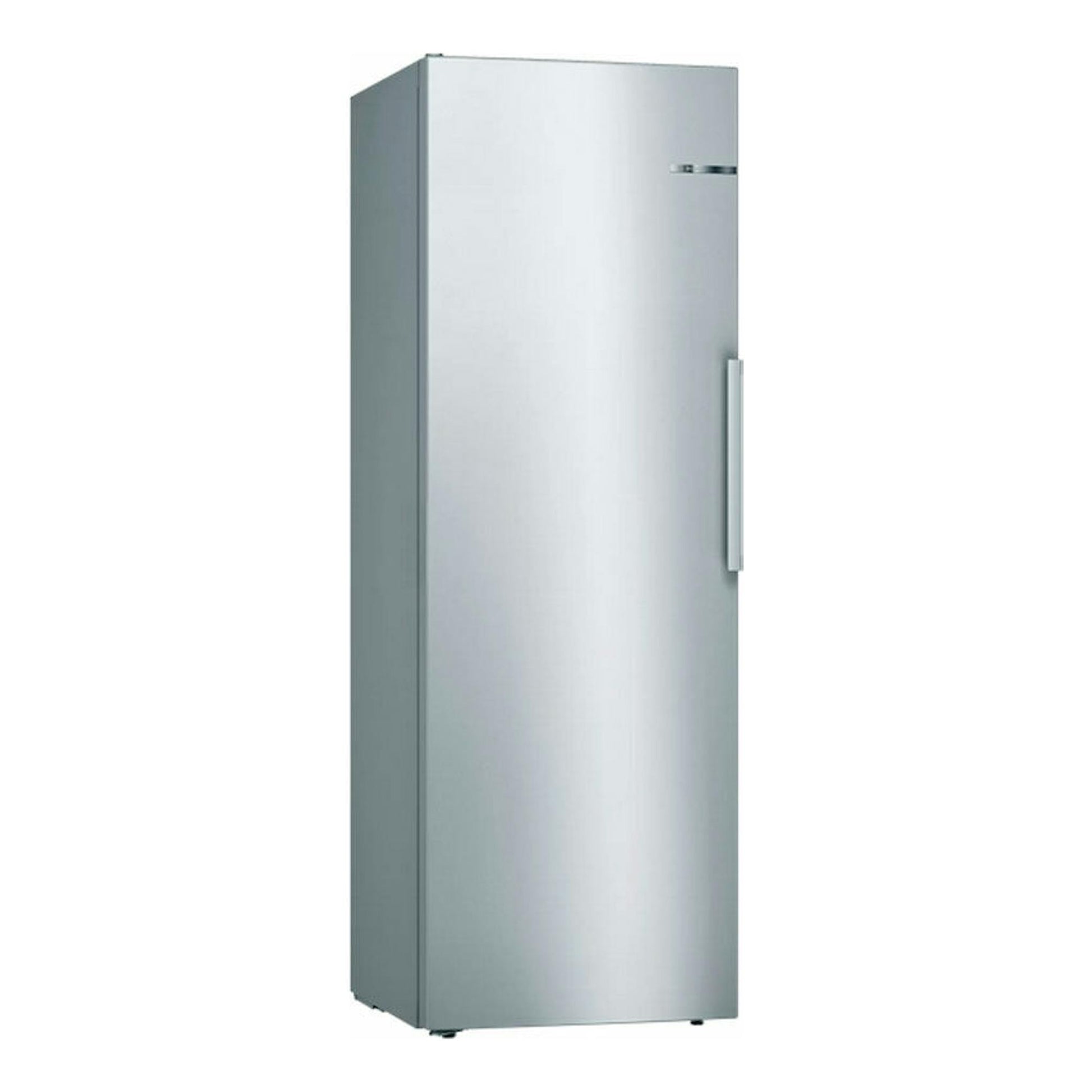 Frigorífico Bosch KSV33VLEP inox, vista frontal ligeramente angulada, con una puerta y tirador vertical.