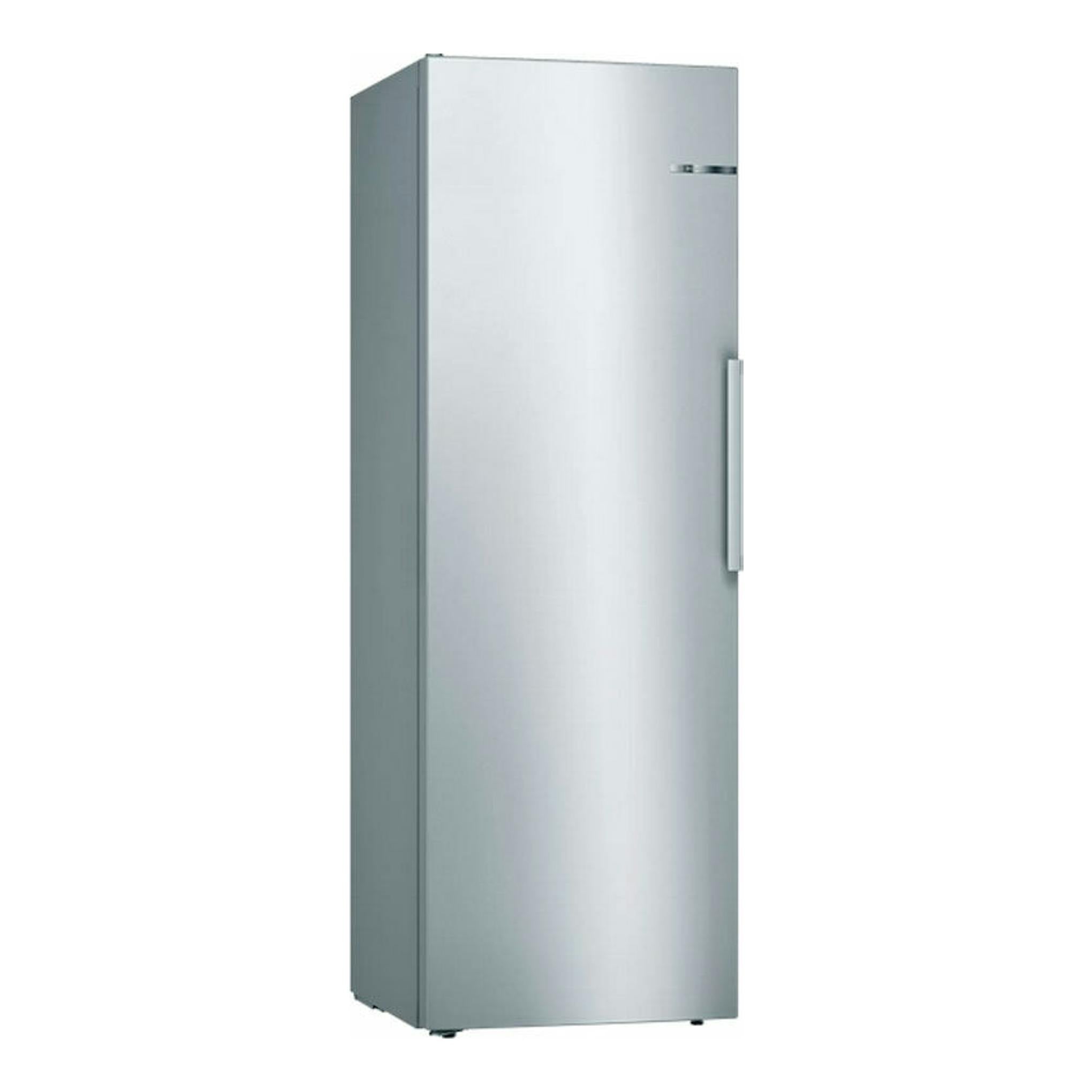 Frigorífico Bosch KSV33VLEP inox, vista frontal ligeramente angulada, con una puerta y tirador vertical.