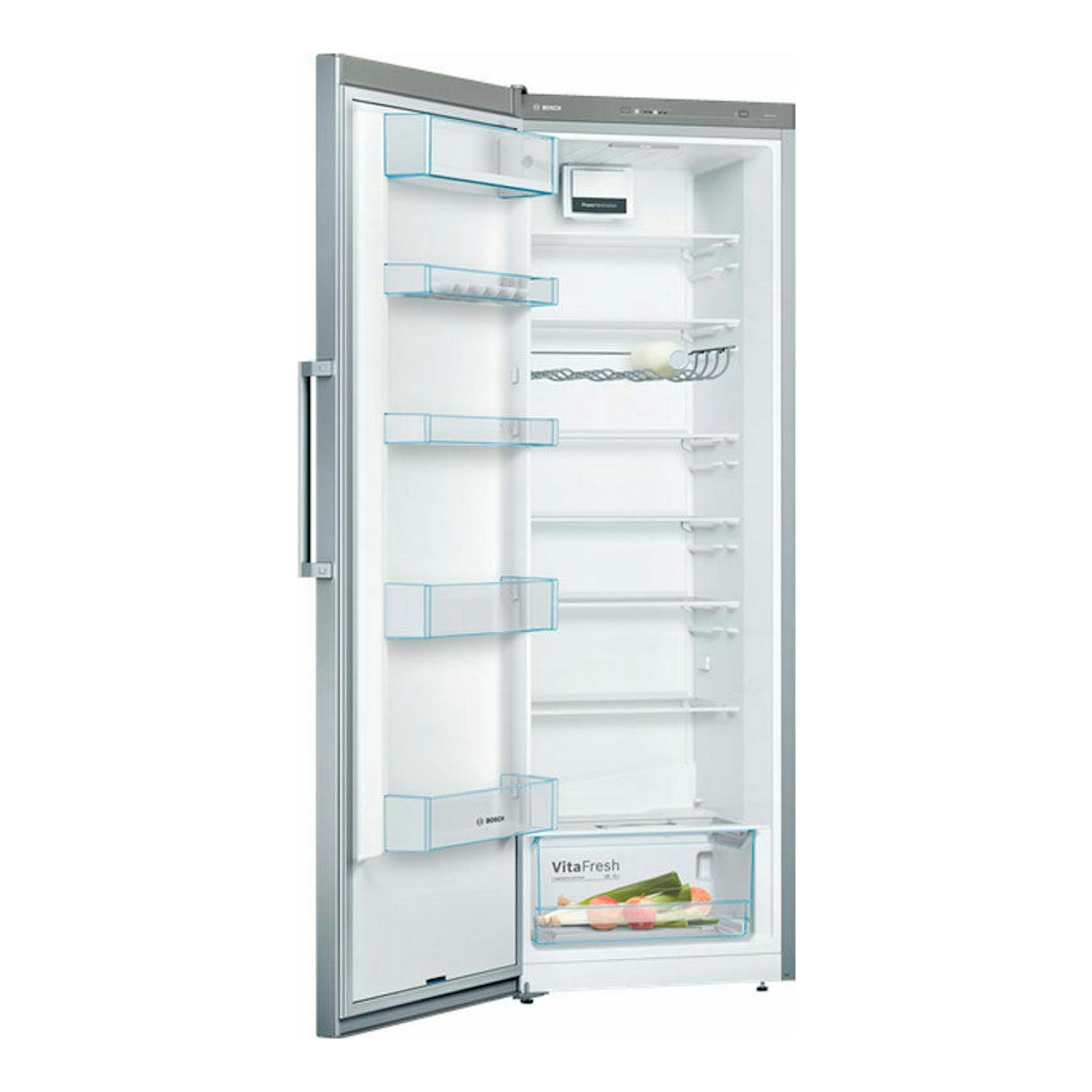 Frigorífico Bosch KSV33VLEP inox, vista frontal abierta, una puerta, interior blanco con estantes y cajón VitaFresh.