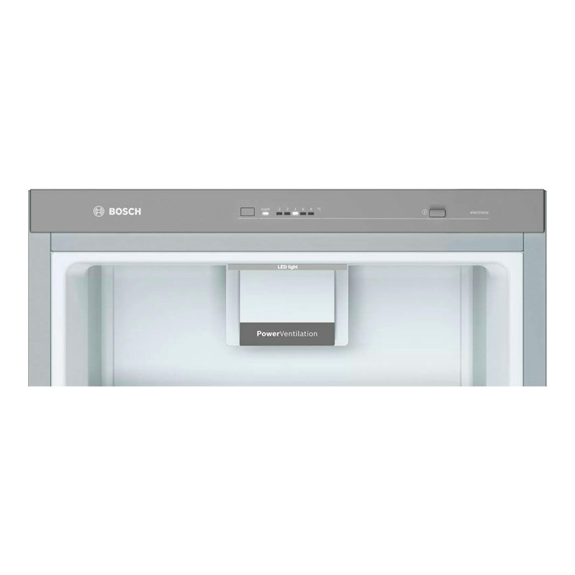 Frigorífico Bosch KSV33VLEP inox, vista frontal, una puerta, con panel superior e interior visible.