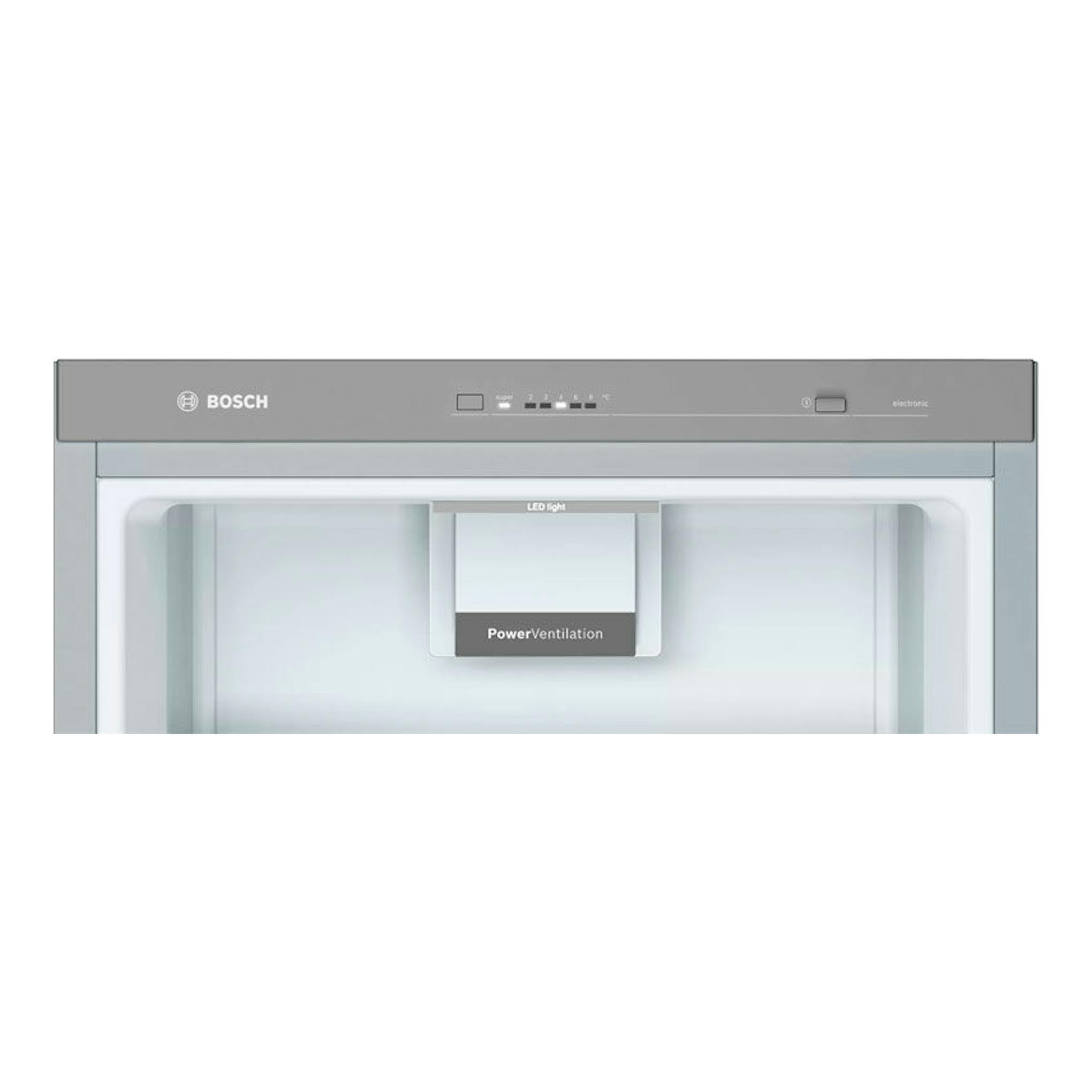 Frigorífico Bosch KSV33VLEP inox, vista frontal, una puerta, con panel superior e interior visible.