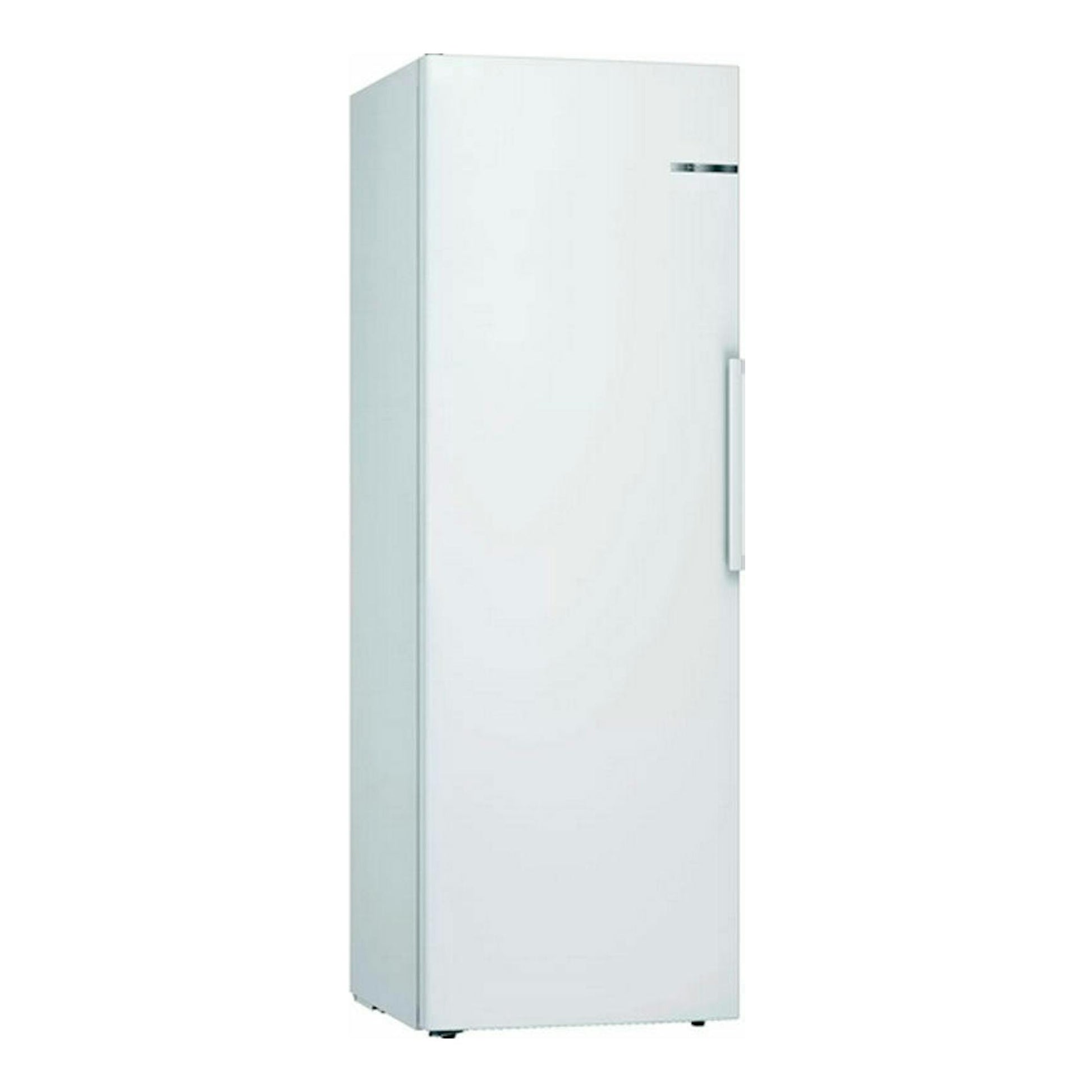 Frigorífico Bosch KSV33VWEP blanco, vista frontal ligeramente lateral izquierda, con una puerta y tirador vertical.