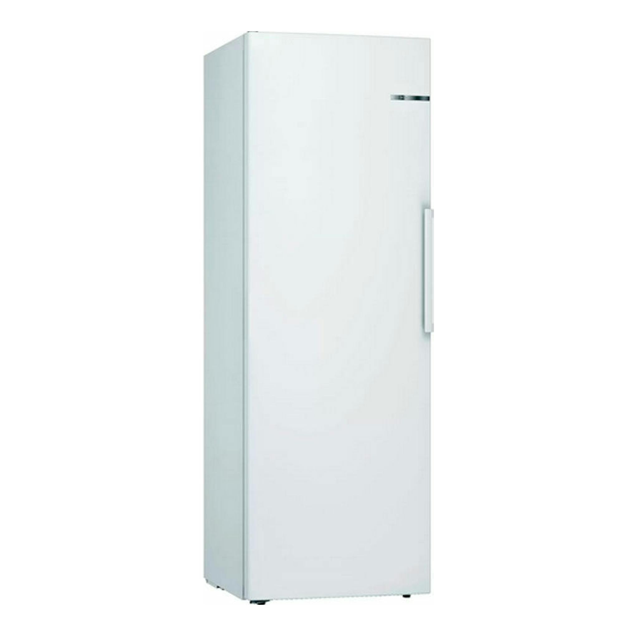 Frigorífico Bosch KSV33VWEP blanco, vista frontal ligeramente lateral izquierda, con una puerta y tirador vertical.
