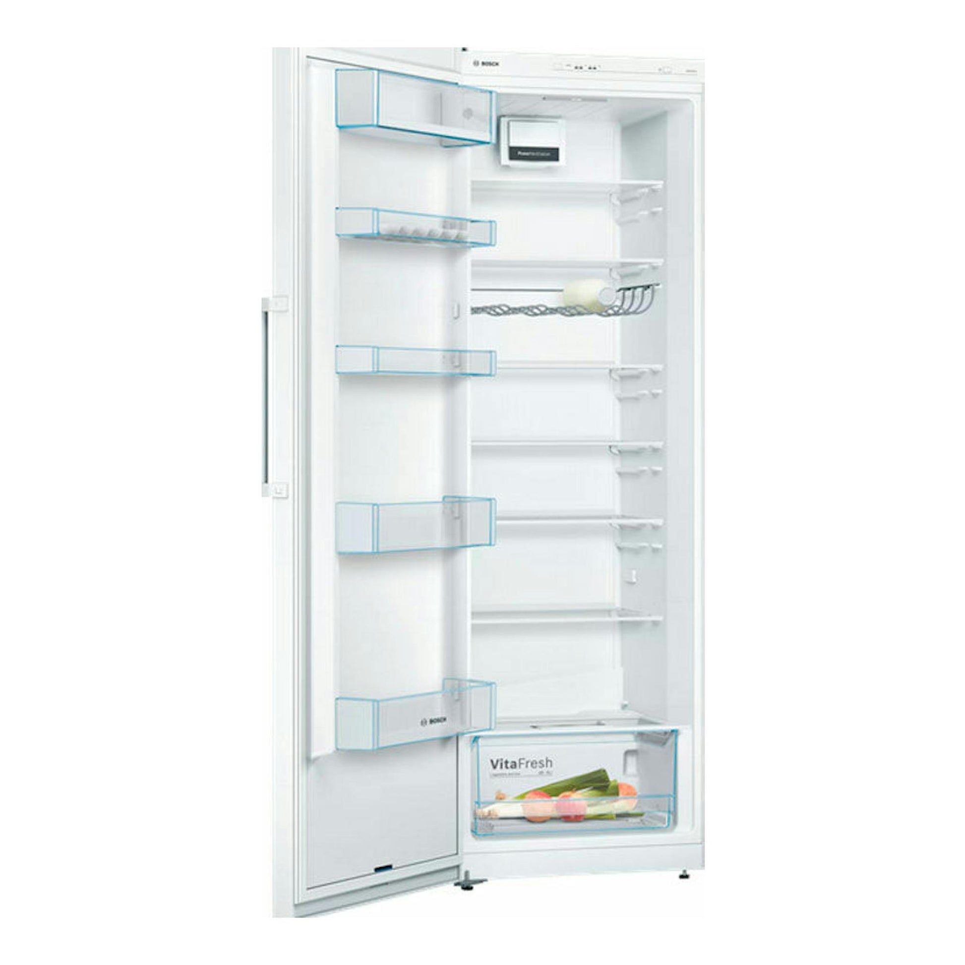 Frigorífico Bosch KSV33VWEP blanco, vista frontal con la puerta abierta y estantes interiores visibles.